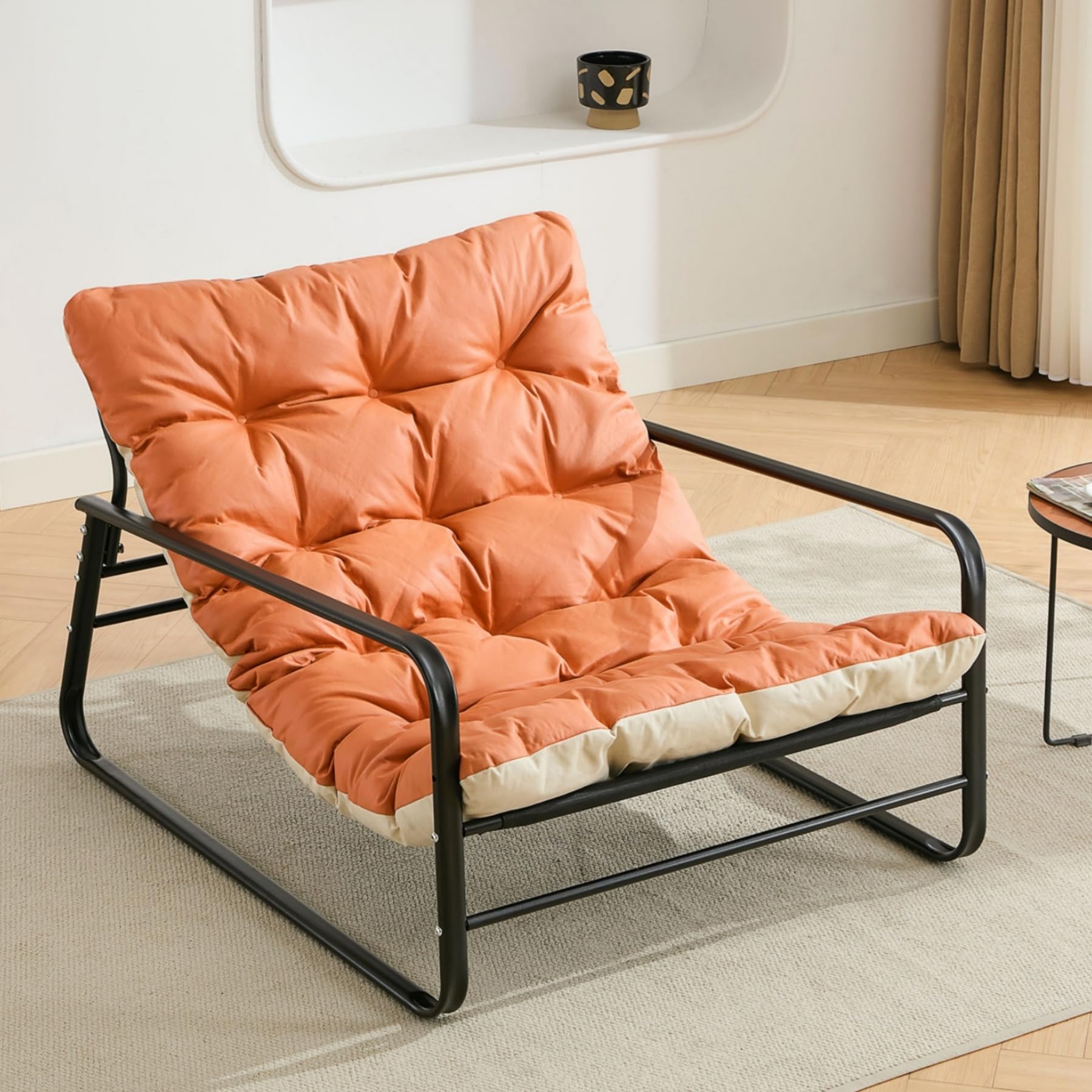 Sillón de salón de jardín con cojín reversible, para jardín, balcón, muebles de acero, acolchado, para 2 personas, para exteriores, para balcón, terraza (naranja+beige)