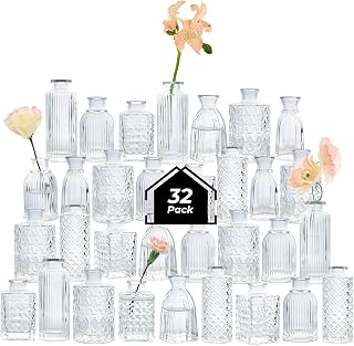 ComSaf 32pcs Vintage Glass Bud Vases Bulk - Clear Mini Bottle Vases for Wedding Centerpieces, Table Decor, Home Reception