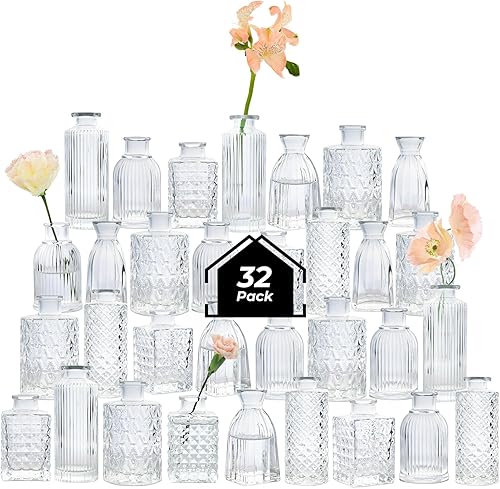 ComSaf Juego de 32 jarrones de cristal, pequeños jarrones transparentes a granel, mini jarrones de flores para centros de mesa, juego de botellas