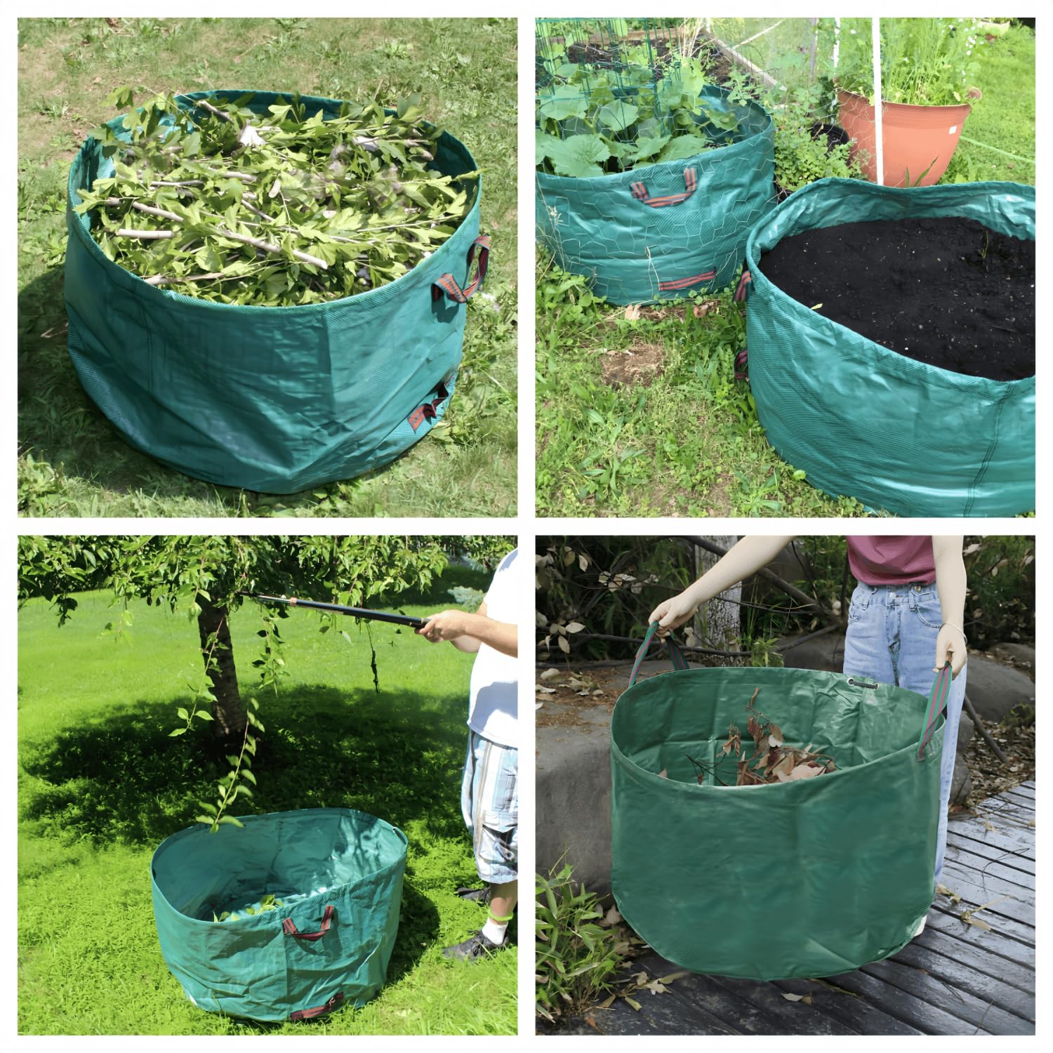 3 x 500L sacs de jardin, sacs à déchets de jardin gants inclus, 4 poignées, autonome, imperméable, sac à feuilles durable et résistant à la corrosion, adapté aux déchets de jardin (3x500L)