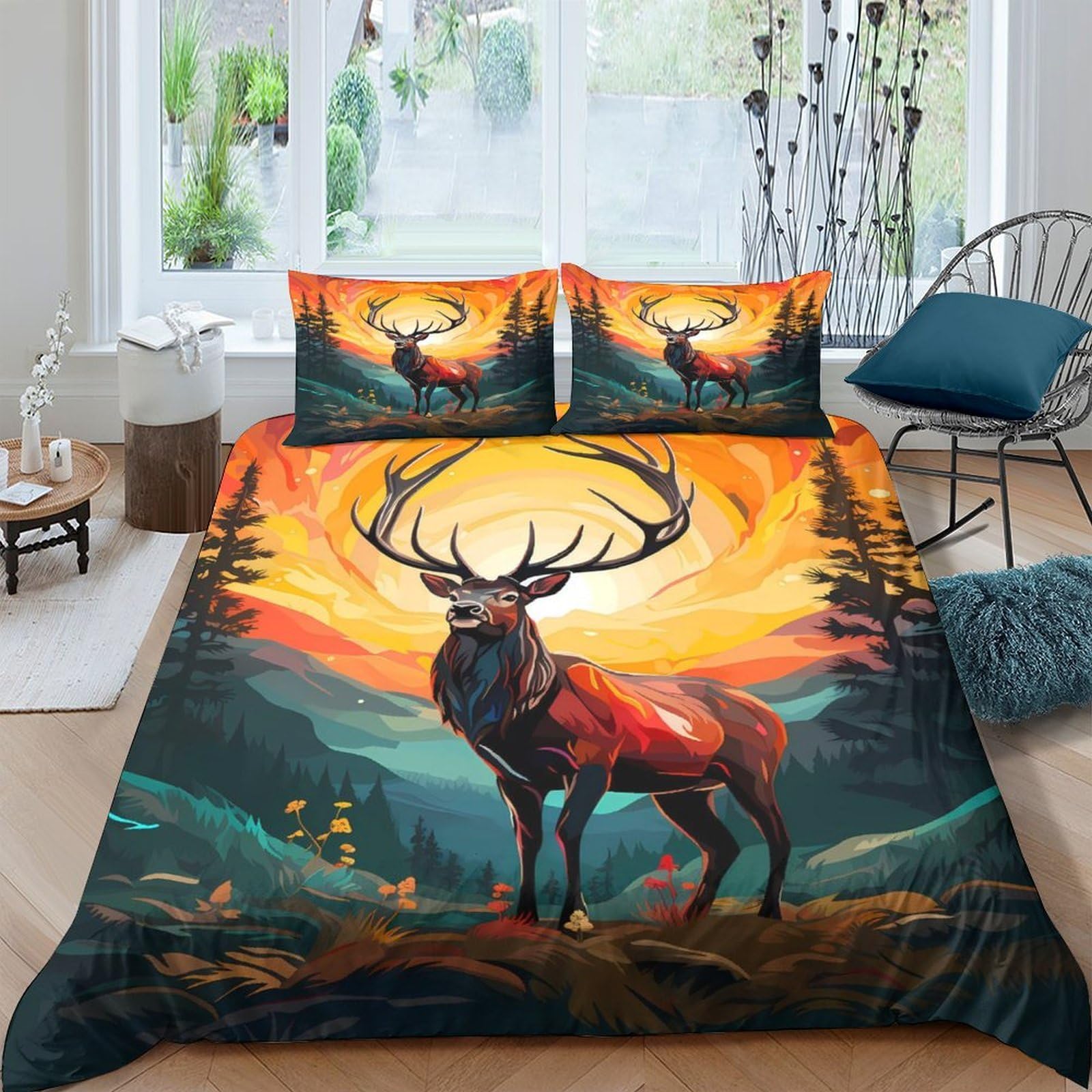 Ctjqhvkz Style-8 3D Printed Sunset Deer Fitted Sheet Microfiber Soft Forest Landscape Bed Cover For Bedroom Guest Room Decor Single（135X200cm）