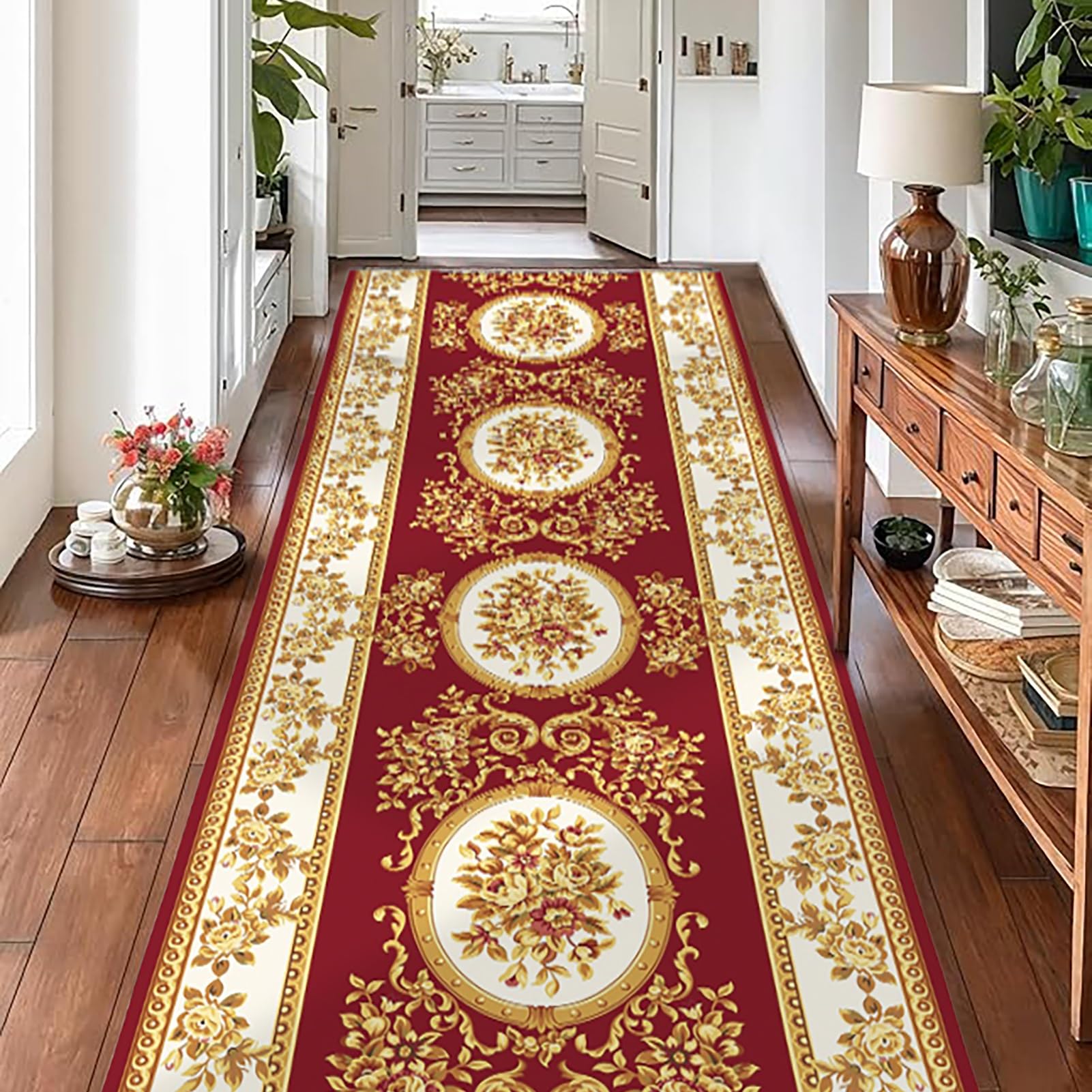 Tapis de couloir rouge et or 90x600 cm lavable et antidérapant pour entrée