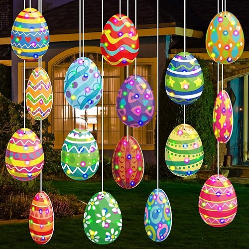 16 piezas LED de huevos de Pascua para exteriores, adornos colgantes de Pascua para árbol, forma de huevo colorido, doble cara, rebanada de