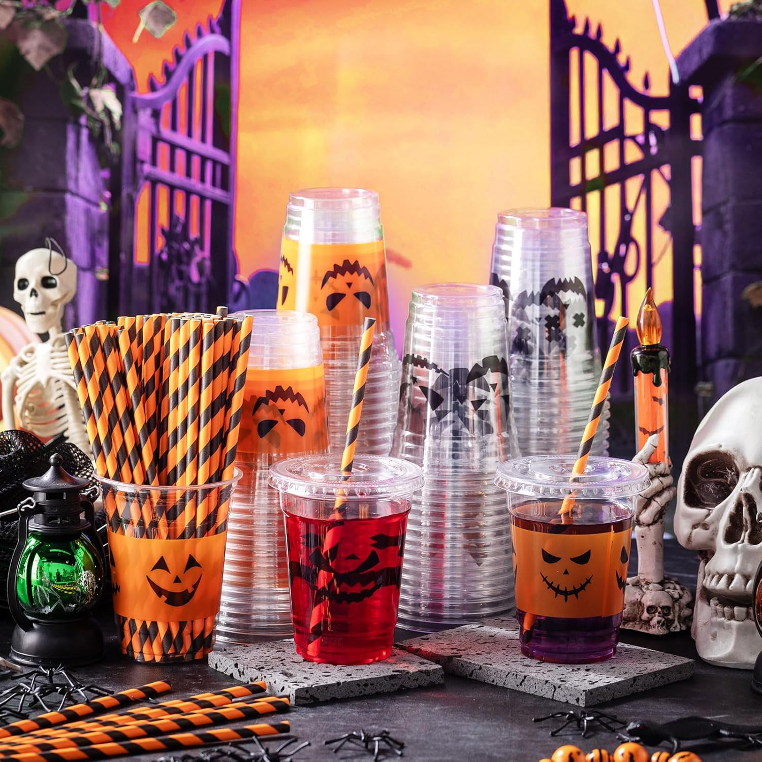 Yaomiao 300 Pcs 12 oz Halloween Plastic Cups with Lids and Straw Halloween Plastic Cup Disposable Clear Tumbler Whiskey Tumbler Black White Emoticons Witch Drinking Set for Party Supply - Image 2
