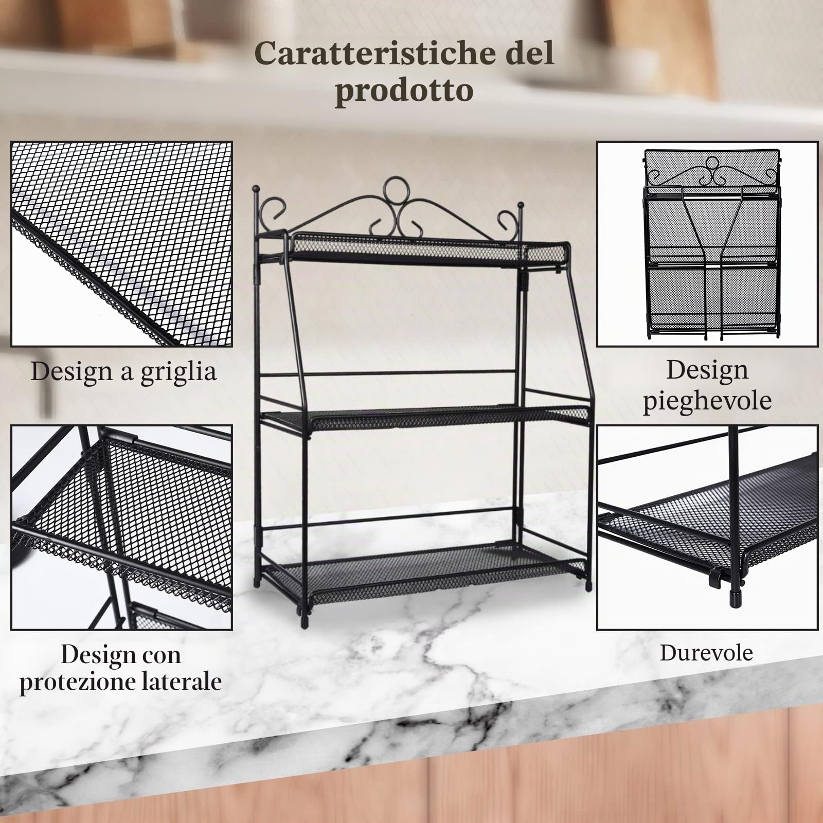 Uten Portaspezie a 3 Ripiani, Porta Spezie da Cucina, Portaspezie Salvaspazio, Supporto Porta Spezie, Pieghevole, Organizer per Cucina, Bagno e Camera da Letto