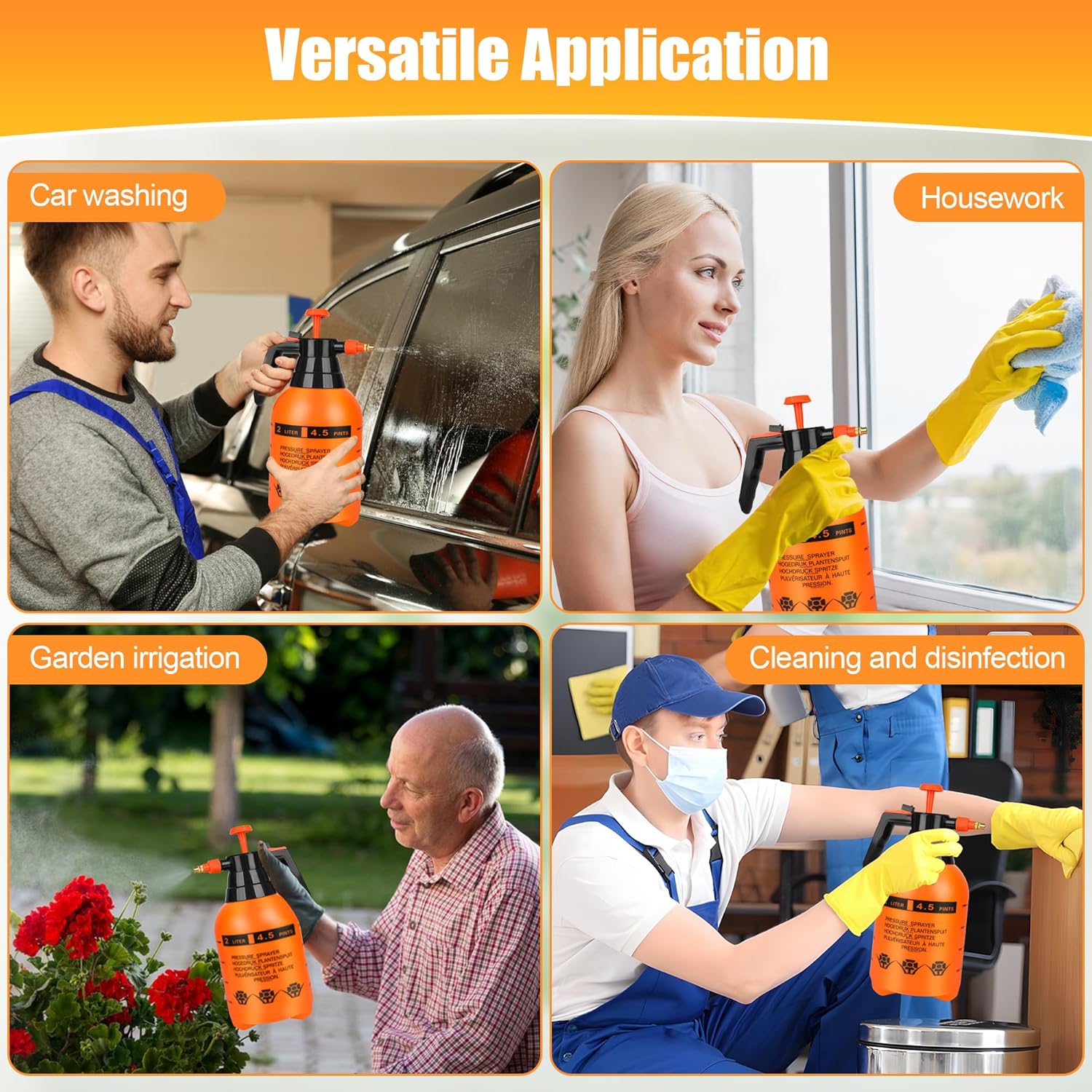 3 Pcs 1/2 Gallon Plastic Handheld Pump Sprayer – Garden Pressure Sprayer Bottle with Adjustable Nozzle for Plants, Cleaning, Household Tasks – Orange