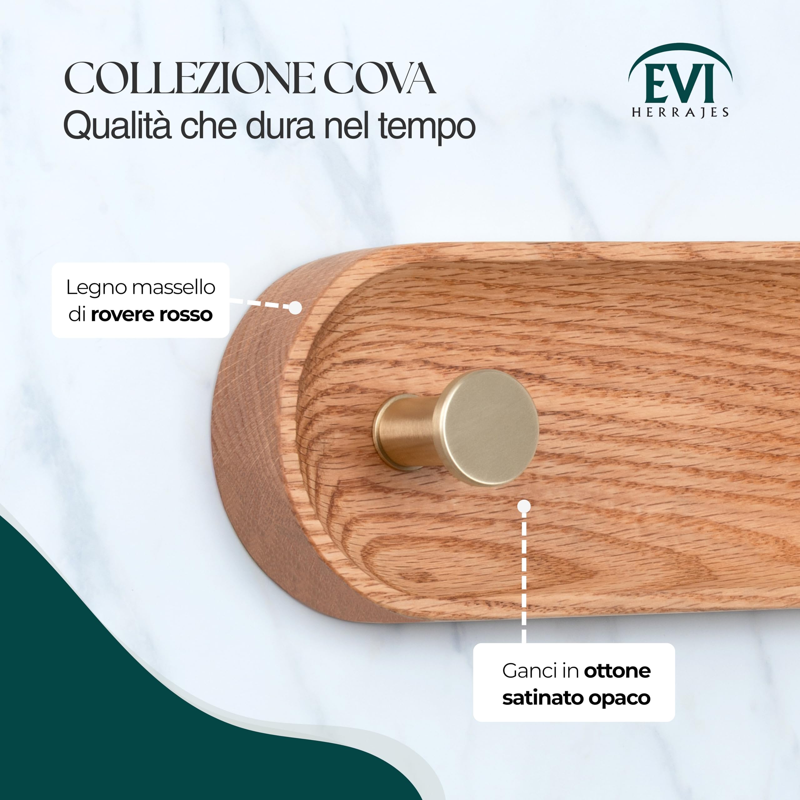 EVI Herrajes | Appendiabiti da parete a 2 ganci | Legno massello di rovere rosso | Ganci in ottone satinato | Kit di montaggio incluso | Mod. Cova 2CRRLMT