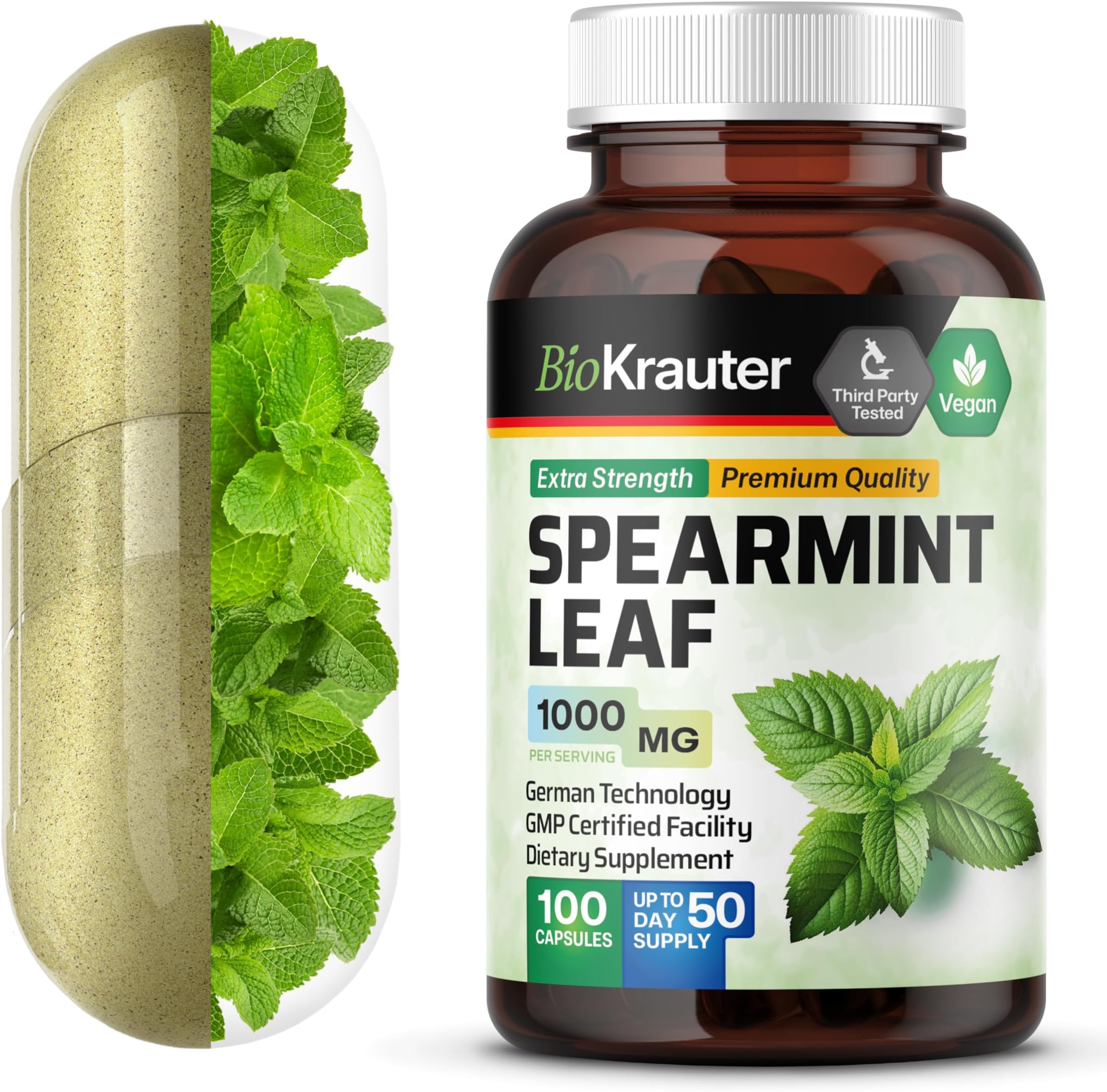 BIO KRAUTER Spearmint Capsules, 500 mg, Organic Spearmint Leaf (Mentha spicata) (100 Capsules)