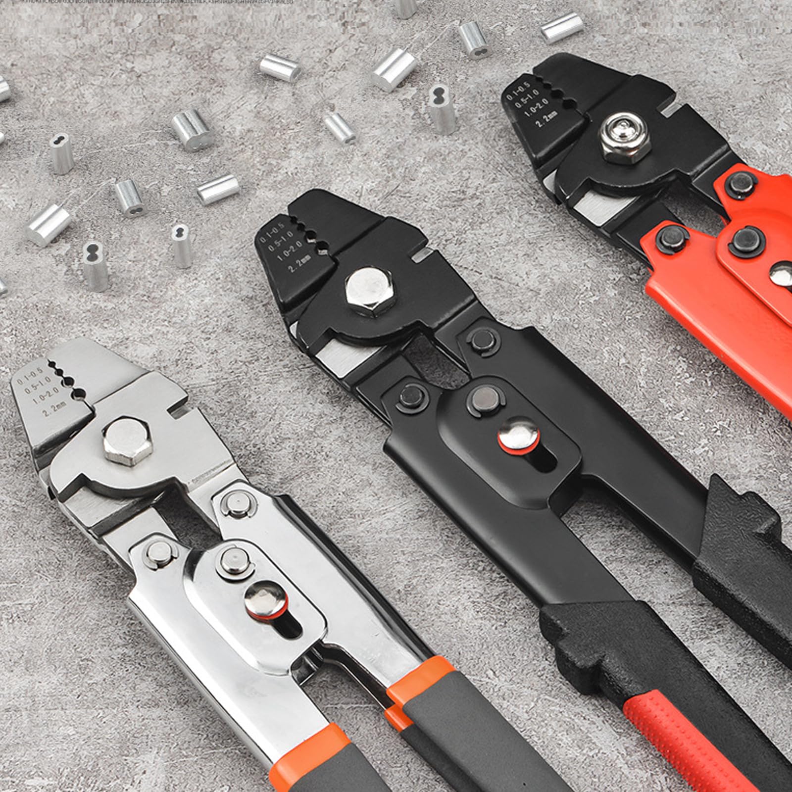 Pinza crimpatrice per funi metalliche, crimpatrice con anelli di crimpatura in alluminio, manicotti e ditali, set di cavi fino a 2,2 mm