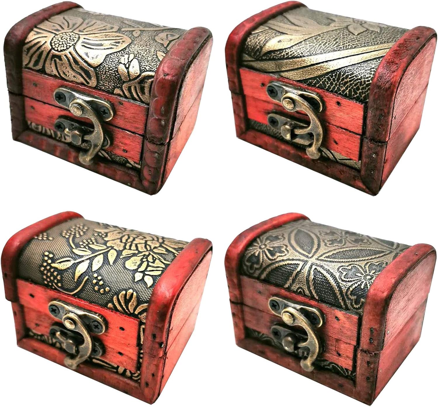 Markeny 4 Styles Pattern Wooden Rings Case Box Little Treasure Chest Vintage Handmade Box with Mini Metal Lock for Storing Jewelry Treasure Pearl