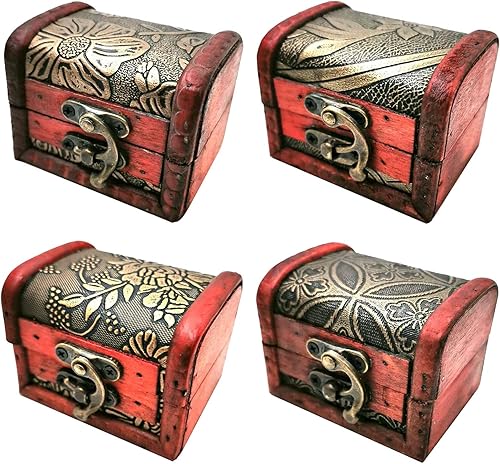 Markeny Caja de anillos de madera con patrón de 4 estilos caja vintage hecha a mano con mini cerradura de metal para almacenar joyas perlas del