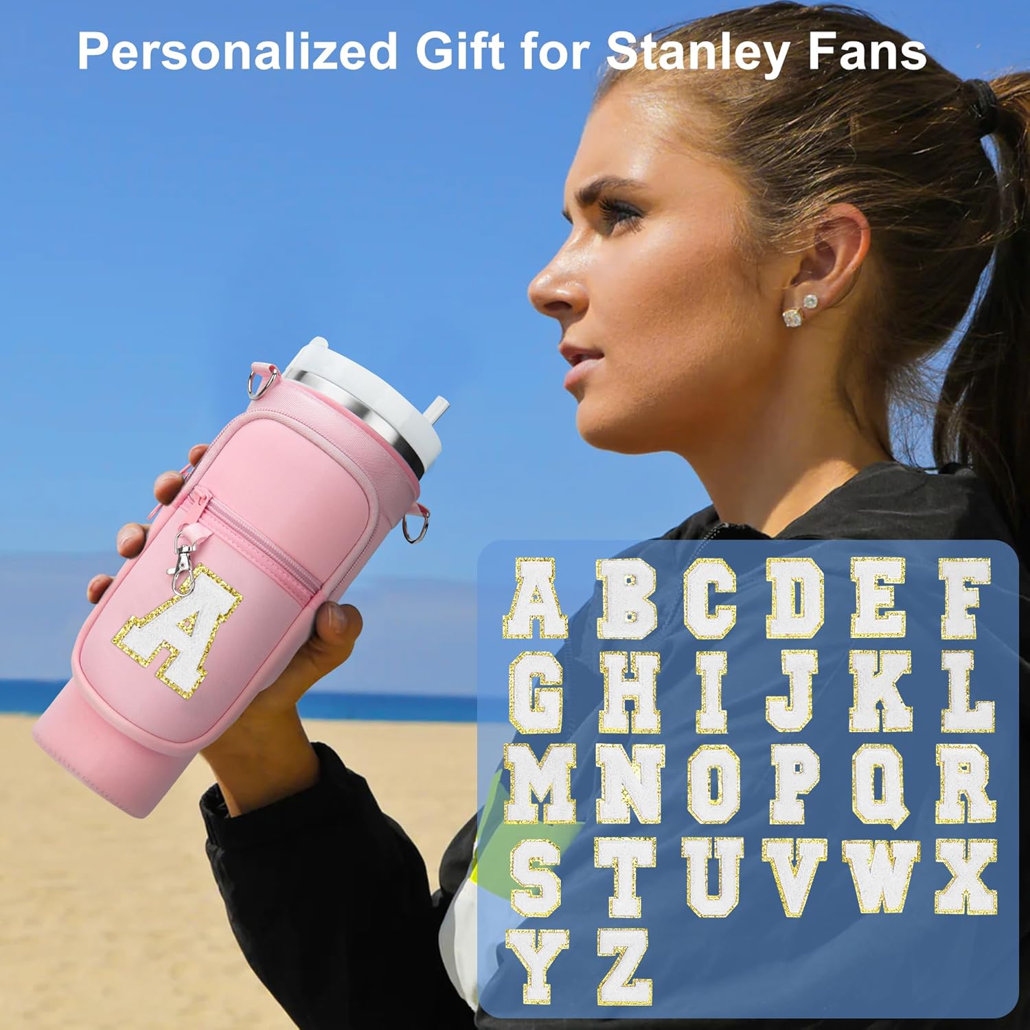LOKASS Initial Water Bottle Holder with Strap for Stanley Cup Accessories 40oz Tumbler, Valentines Day Gifts A-Z Personalized Water Bottle Carrier Bag with Strap，Phone Pocket for Stanley Cup Bag