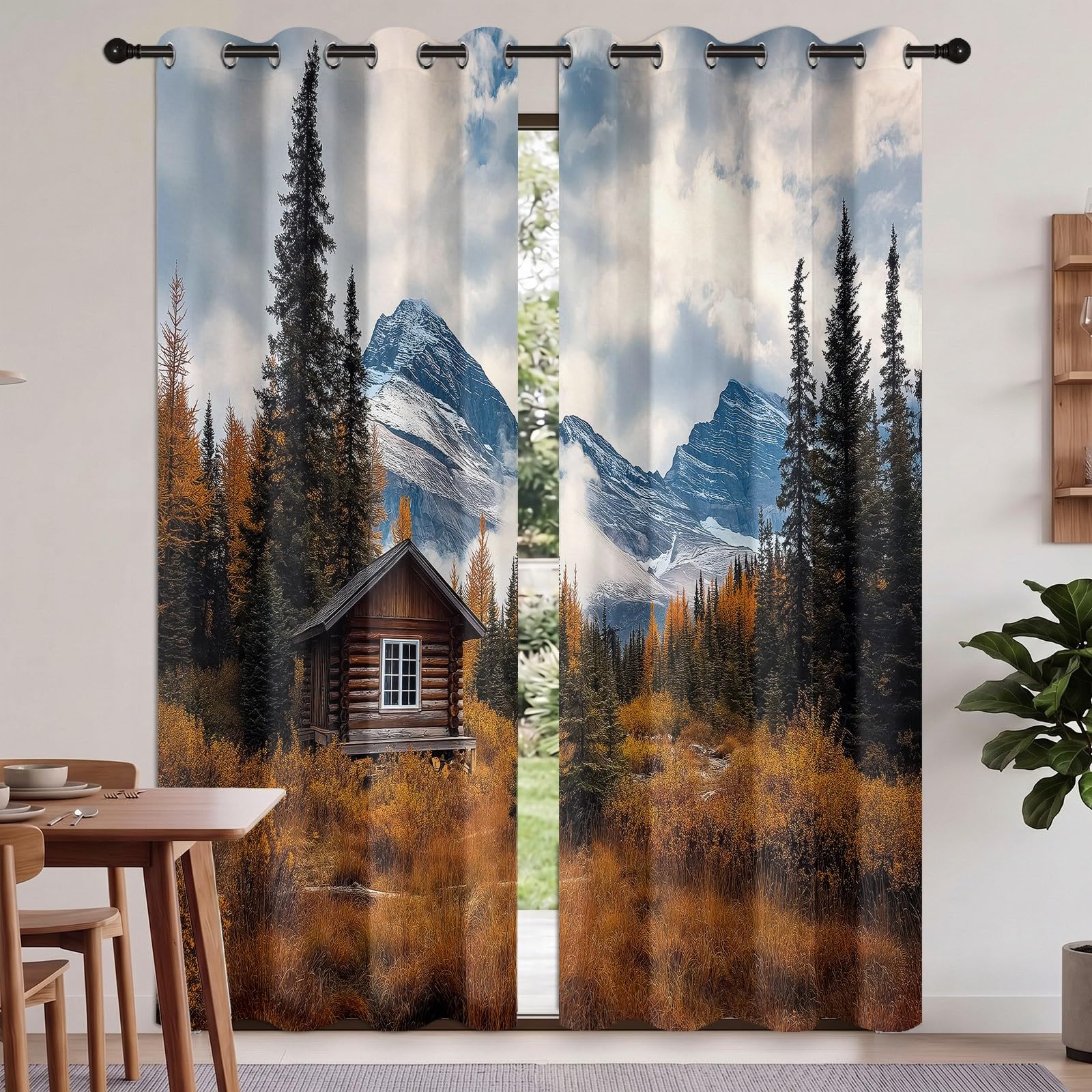 Rideaux Occultants Paysage Montagne 75L X 166H cm (2 Panneaux), Isolation Thermique Fixation par Oeillets Montagnes Enneigées Prairie pour Salle De Séjour, Marron