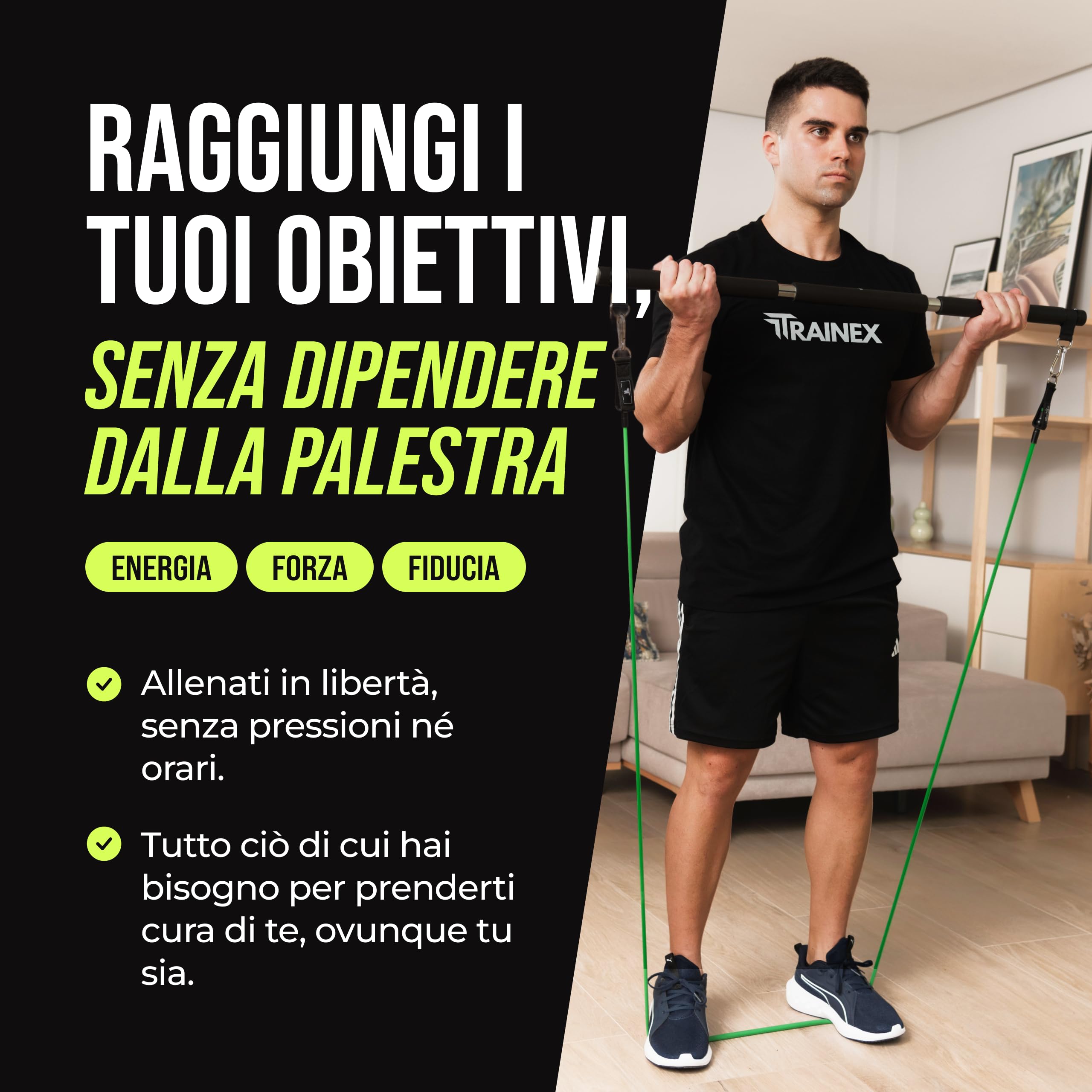 Elastici Fitness con Barra | Bande di Resistenza fino a 100 kg | Kit Allenamento a Casa Completo | Workout Efficace per Tutto il Corpo | TRAINEX