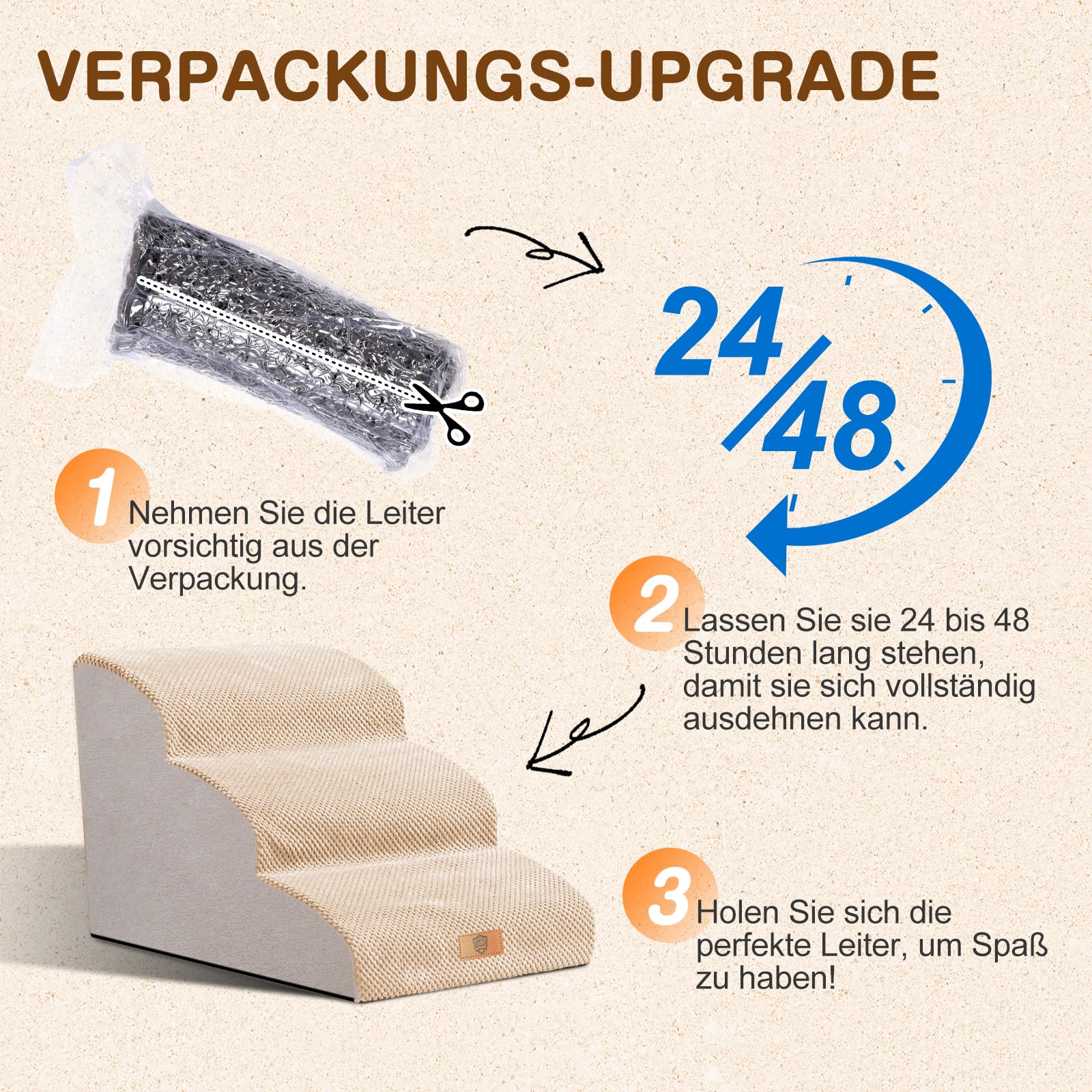 Masthome Hundetreppe für Kleine Hunde,Haustiertreppe 3 Stufen,Hunderampe aus Hochdichtem Schwamm für Bett und Sofa,Katzentreppe mit Waschbar Plüschbezug,40cm Hoch,Beige
