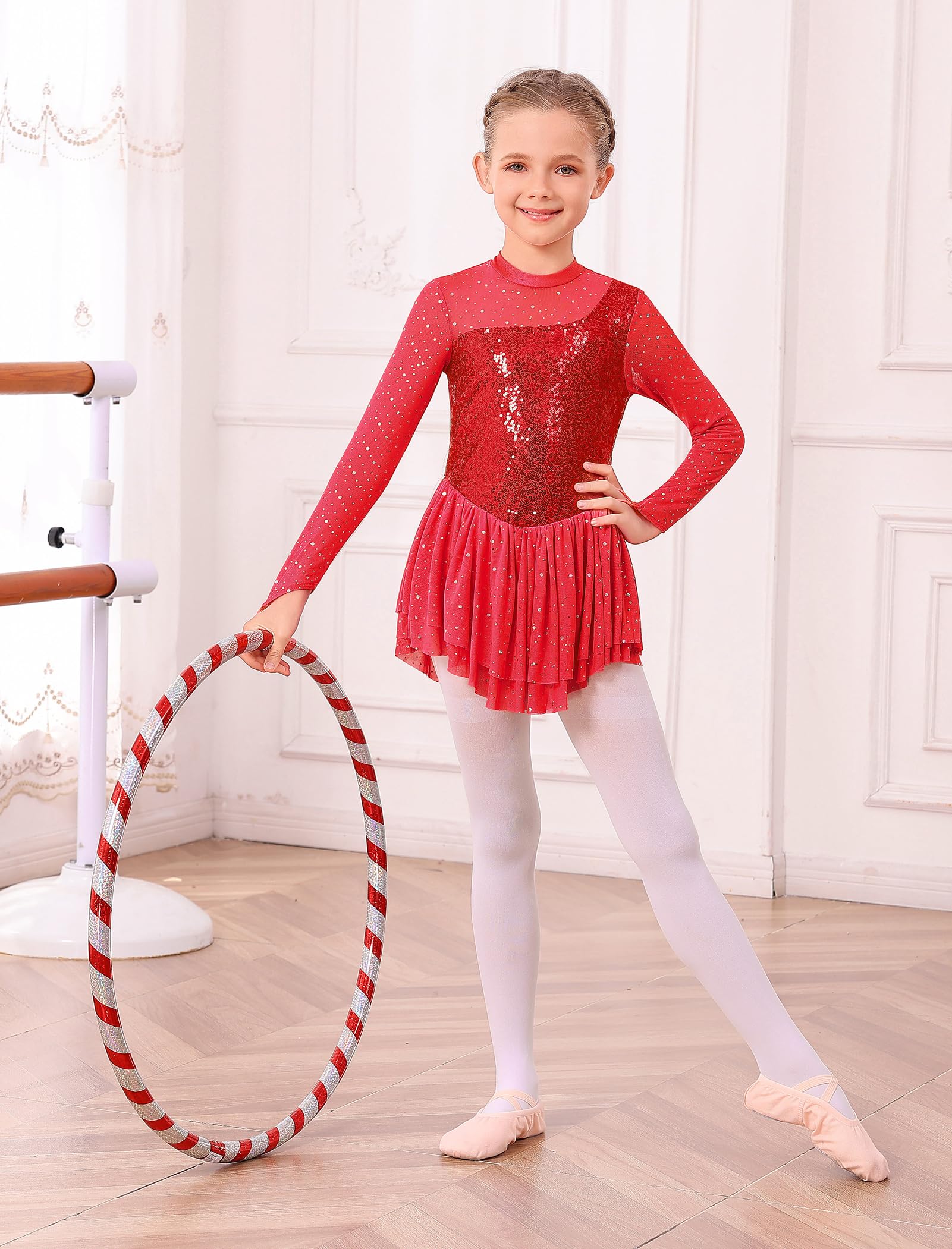 FYMNSI Vestido de patinaje artístico para niñas con diamantes de imitación brillantes, manga larga, malla de tul con falda, leotardo para gimnasia, ballet y baile