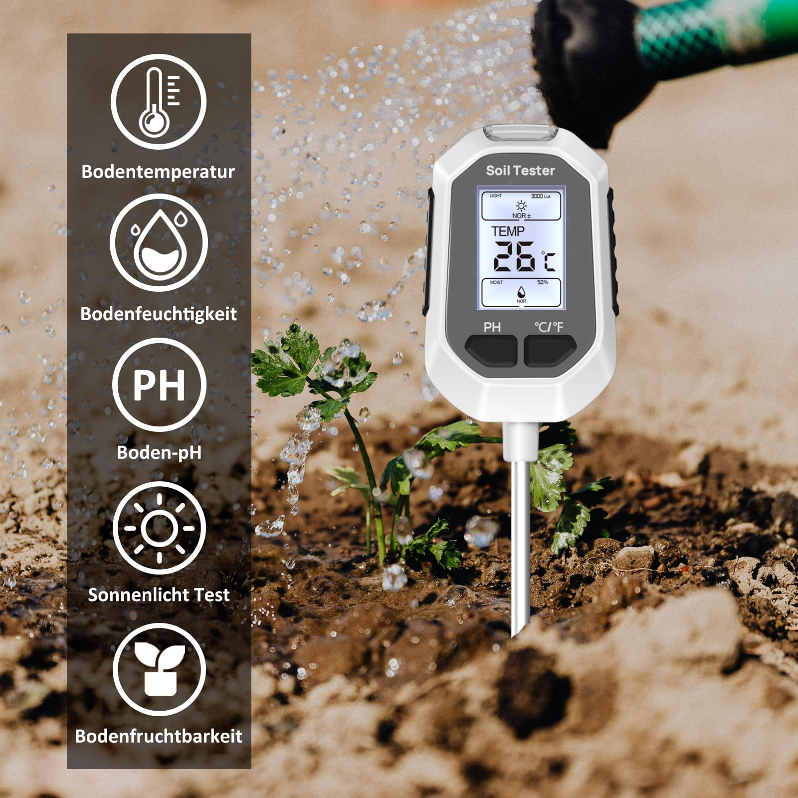 YAMRON ph messgerät Erde, 5-in-1 Digital Plant bodenmessgerät with PH Value/Temperature/Feuchtigkeit/Licht für Gartenarbeit, Farm, Rasen, Landwirtschaft und Outdoor-Pflanzen