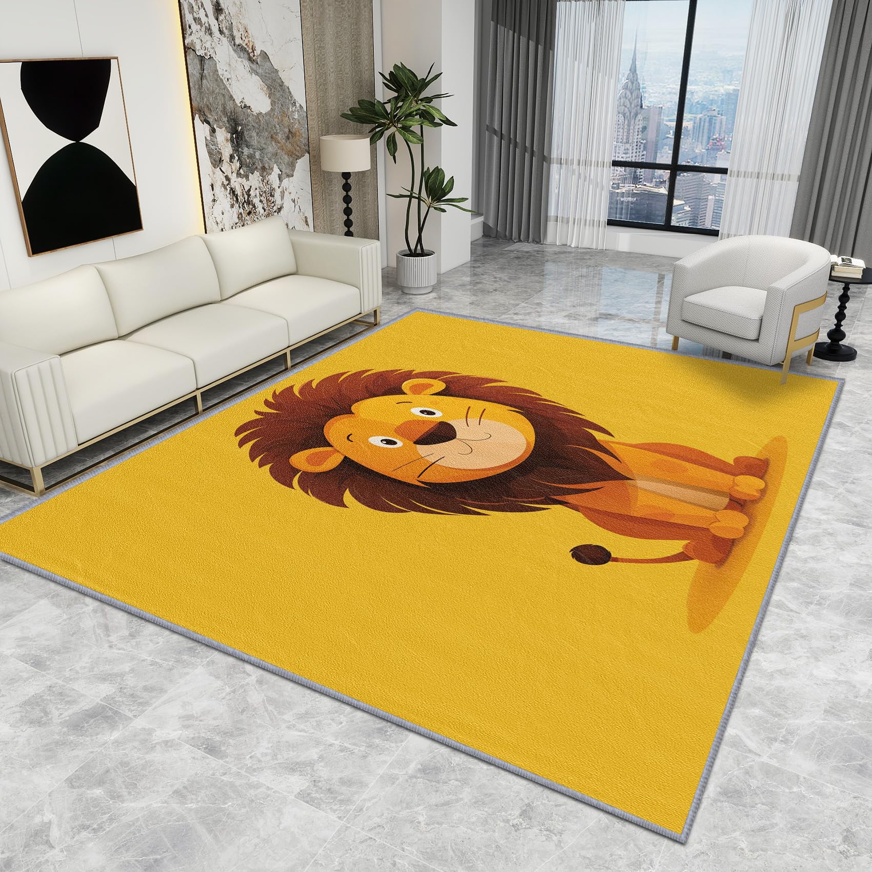 Lion Rug Nursery - Cute Cartoon Safari Yellow Rugs, Kids Playroom Animal Carpet, Washable Non-Slip Low Pile Soft Small Area Rug, Home Decor Gifts, 80 X 120 cm