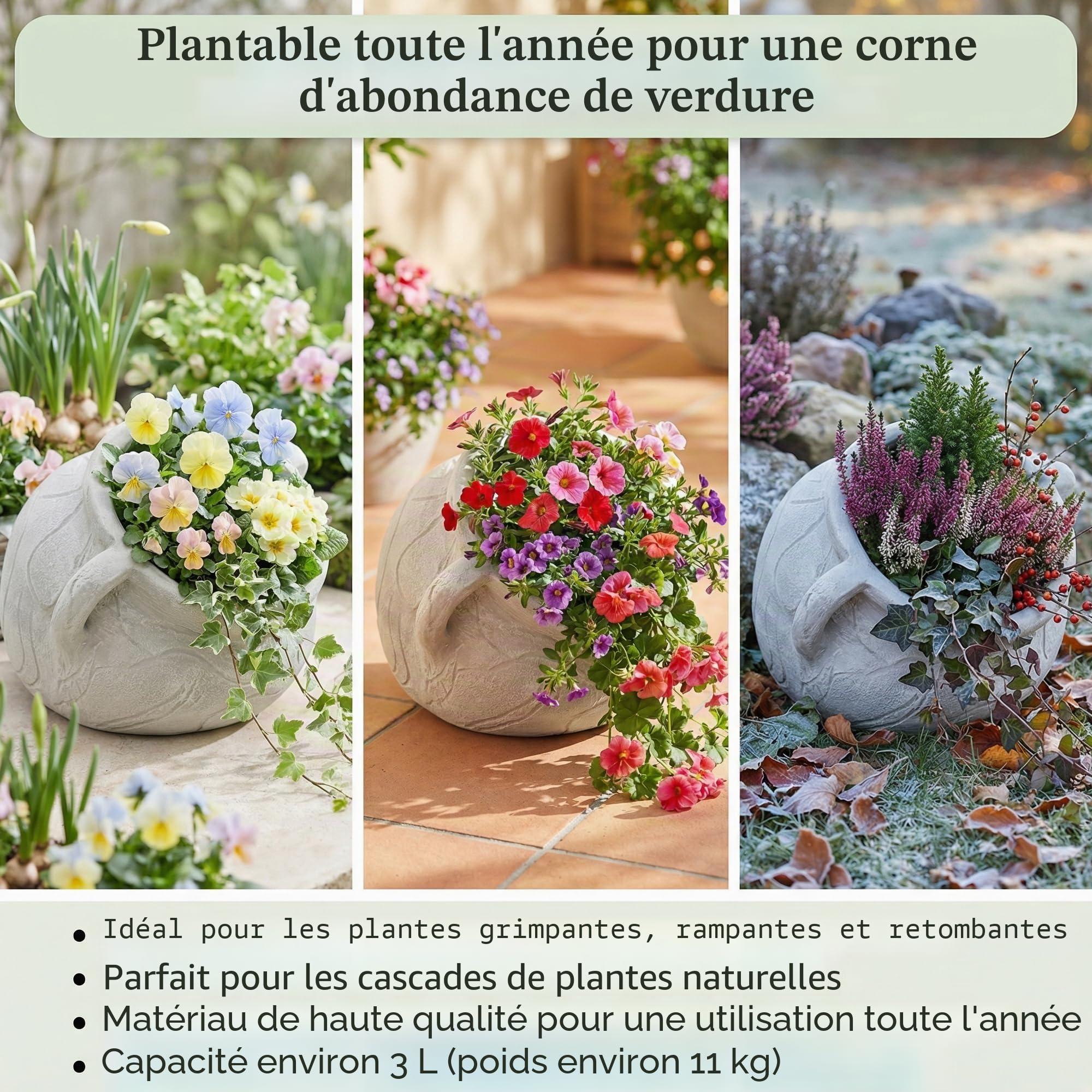 gartendekoparadies.de Pot de Fleurs Massif amphore Pot de Fleurs Rond, Hauteur 20 cm, Largeur 33 cm, Ø Ouverture 17 cm, 3 litres, Couleur Gris, Poids 11 kg, en Pierre moulée, résistant au Gel