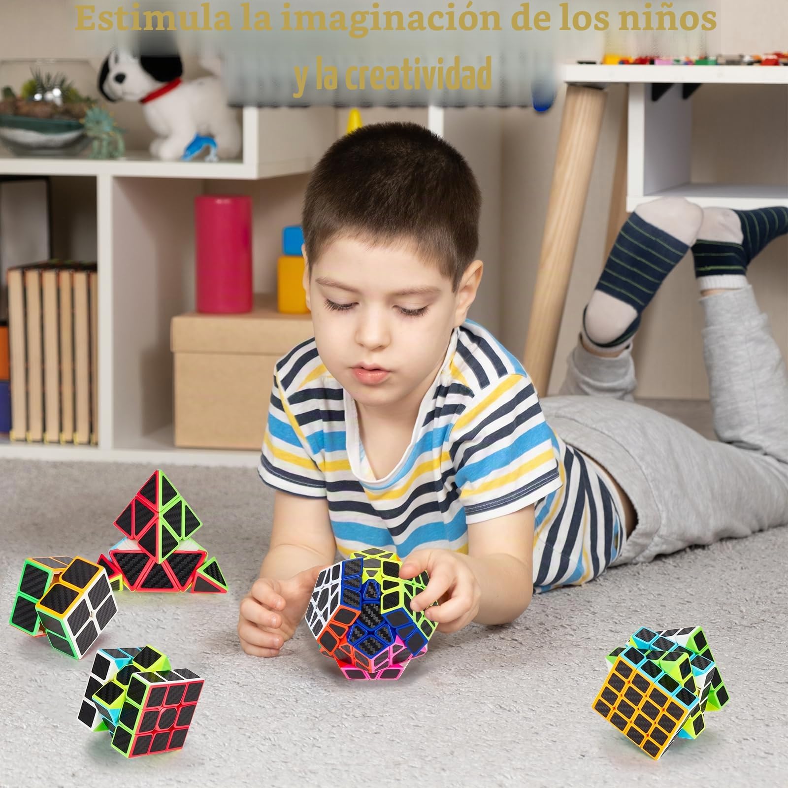 Coolzon Speed Cube Set de Pyraminx + Megaminx + 2x2 + 3x3 + 4x4 Magic Puzzle Cubes 5 Pack Cubo Mágico para Niño Adulto con Adhesivo de Carbono Fibra