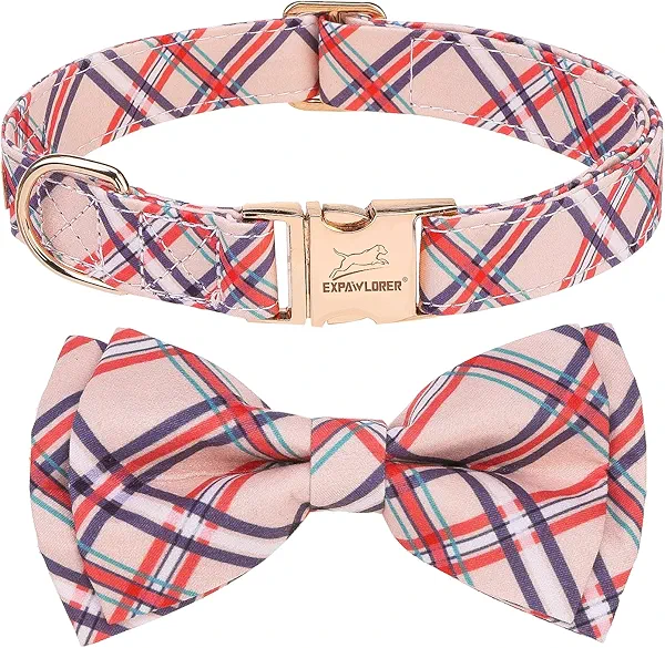 EXPAWLORER Dog Collar - Floral Summer Dog Collars with Bow Tie, Puppy Collar Cute Durable Quick Release Metal Buckle, Soft Adjustable Boy Girl Pet Collar for Small Medium Large Dogs, Plaid L