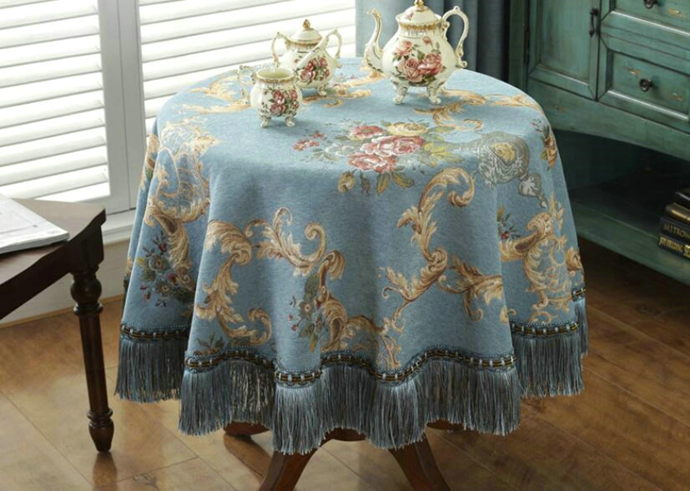 Manteles individuales redondos, mantel poliéster 200 x 200 azul manteles florales bordados con borlas