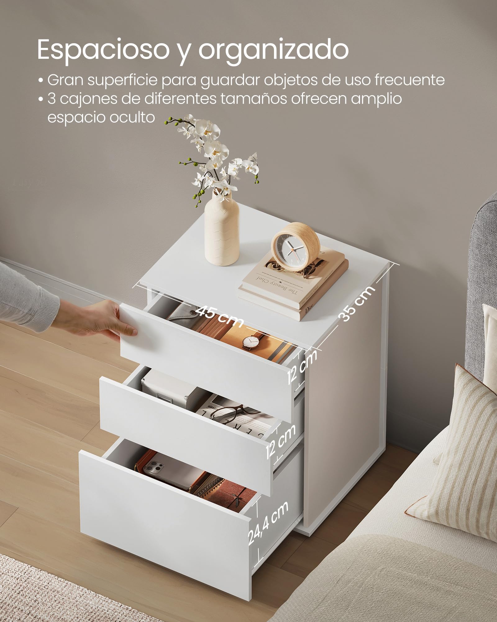VASAGLE Mesita de Noche, Montaje Súper Rápido Sin Herramientas Toolless, Mesa Auxiliar con 3 Cajones, Moderna, Dormitorio, Sala de Estar, Blanco Mate y Beige Capuchino LET778W01