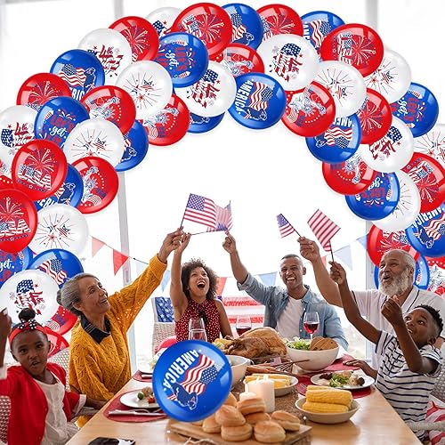 Miniatura 7 de 48 globos decorativos de látex patrióticos para fiestas, Día de la Independencia, banderas estadounidenses, globos rojos, azules y blancos para el 4