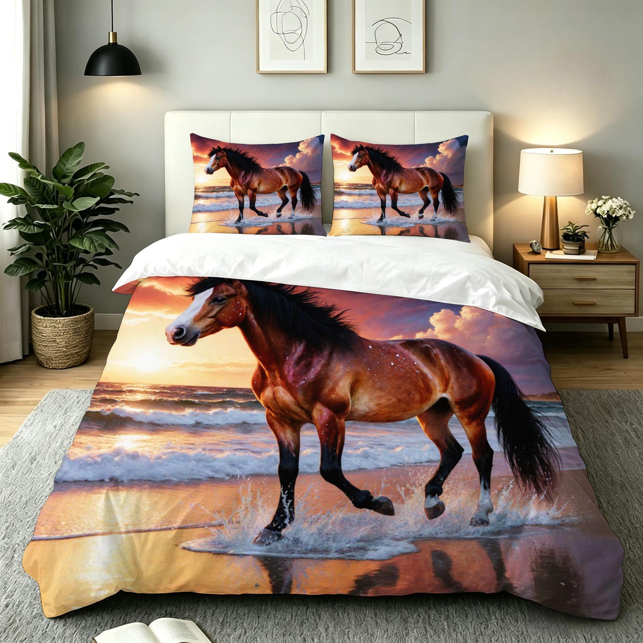 Housse de couette cheval 240x260 cm facile d'entretien pour lit adulte 3 pièces