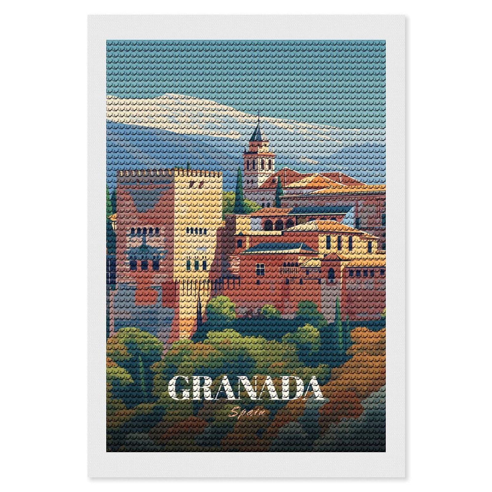 Junmoney Granada, Spain Travel Diamond Art Canvas 8"x12", for Family Craft Time, Creative Leisure Activity, Living Room Decor, Festive Craft Gift