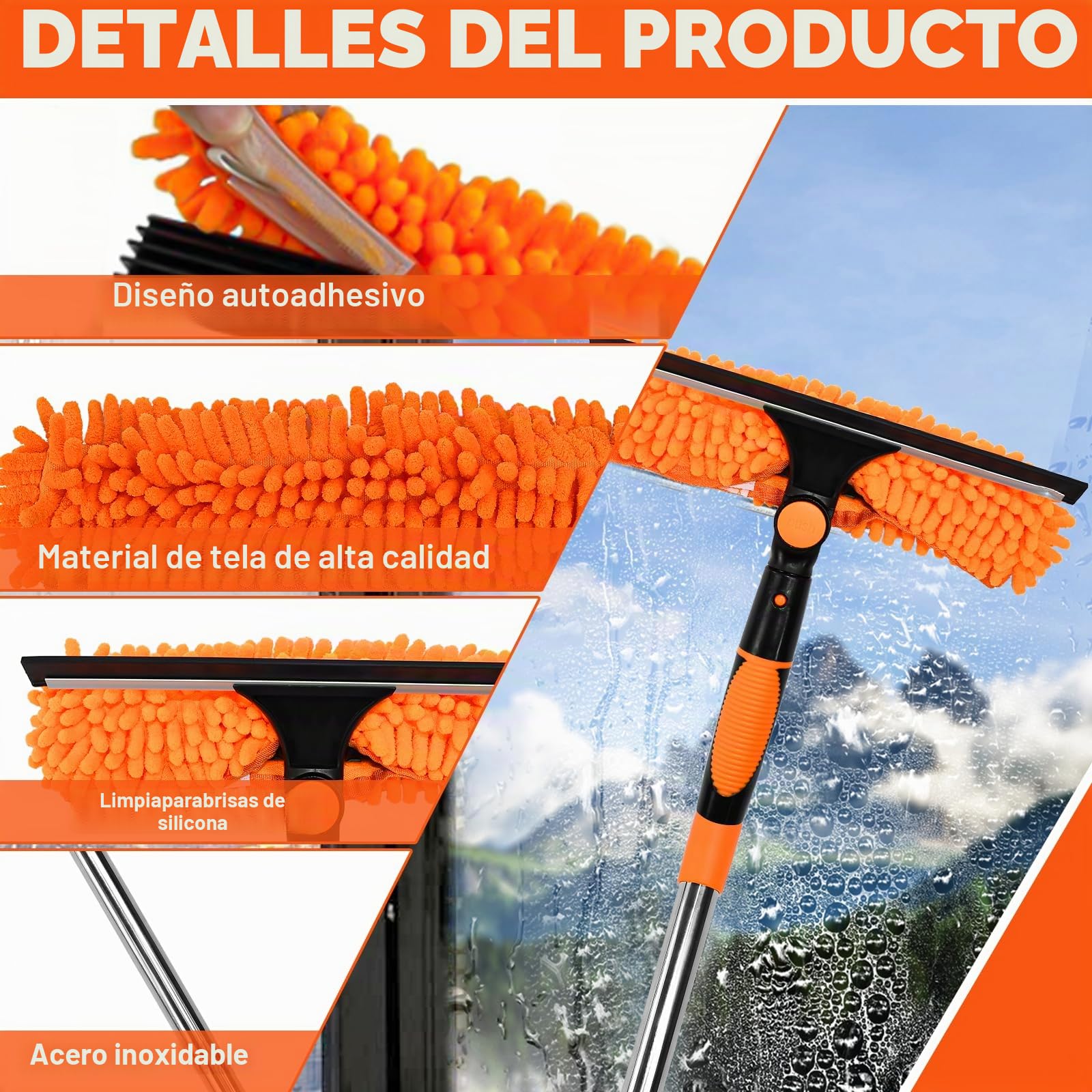 Limpiacristales con Mango Extensible de 24-450cm, Limpiador de Ventanas Telescópico con Escobilla de Silicona y Paños de Microfibra, Limpia Cristales con Mango Largo para Ventanas