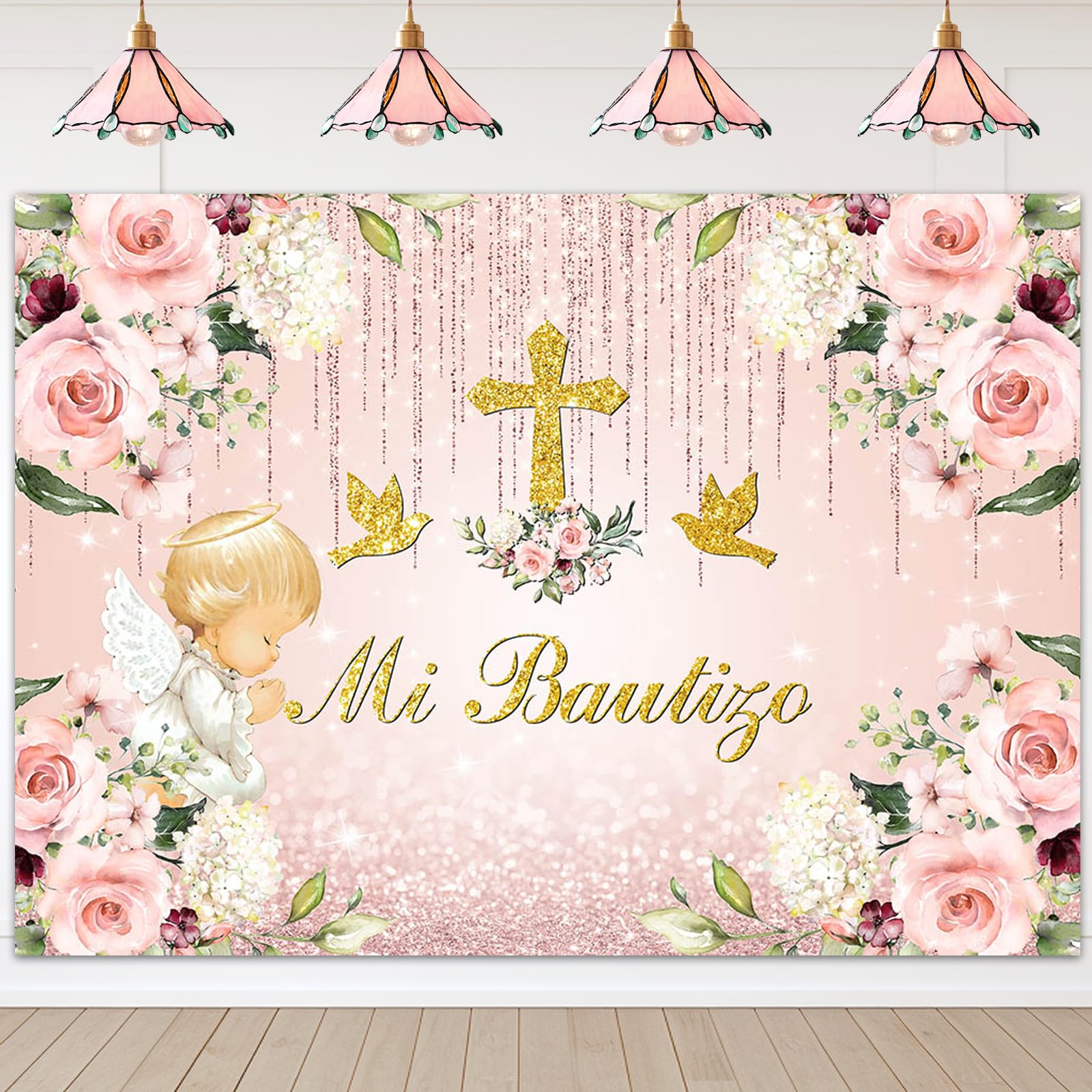 Avezano Mi Bautizo Backdrop Glitter Angel God Bless Backdrops Baptism Floral First Holy Communion Party Decorations for Newborn Baby Shower Photobooth