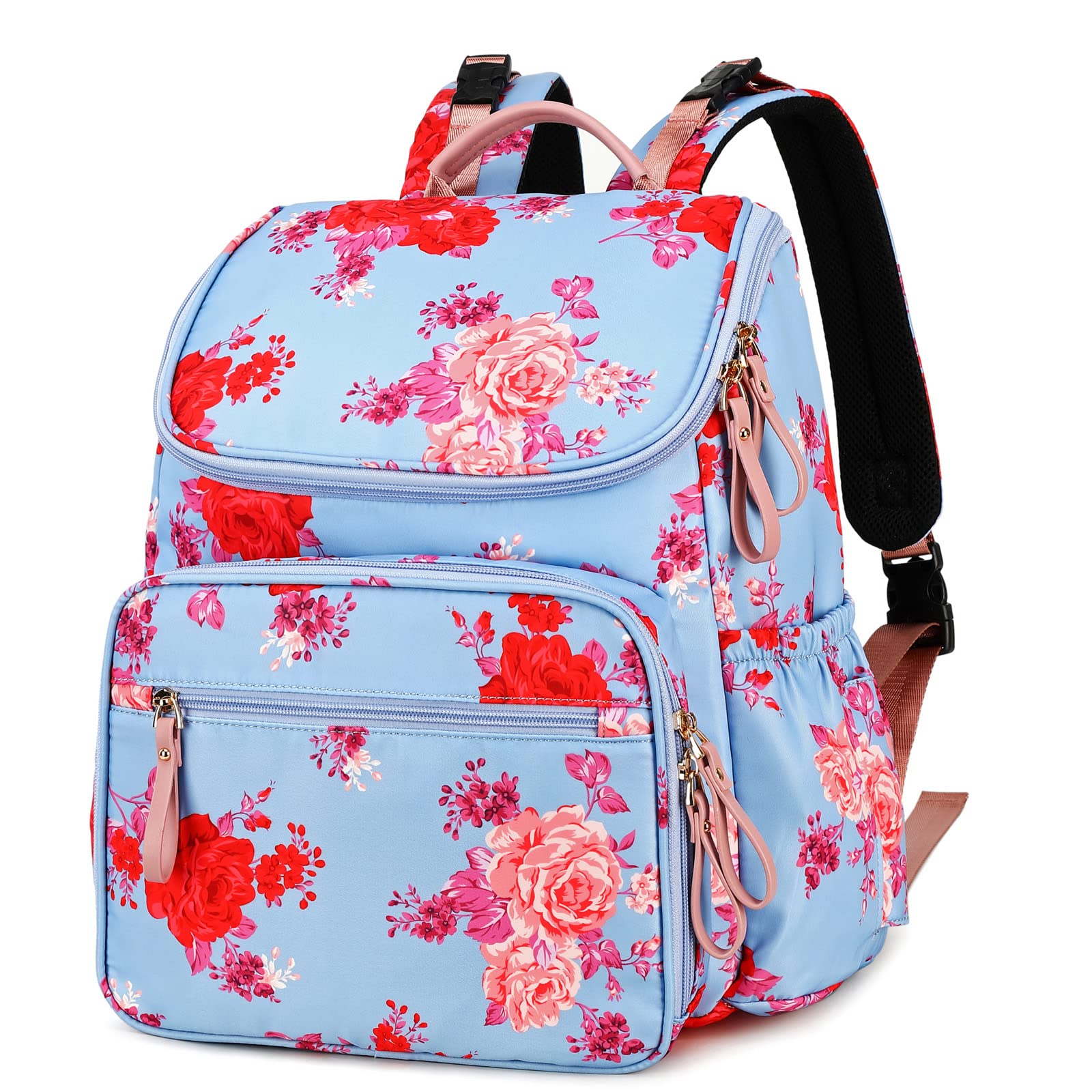 LORADI Wickeltaschen-Rucksack mit großer Kapazität und Storller-Clips, wasserabweisender Reiserucksack mit Diebstahlschutztasche, Blau-Rosenblüte, Large, Wickeltasche