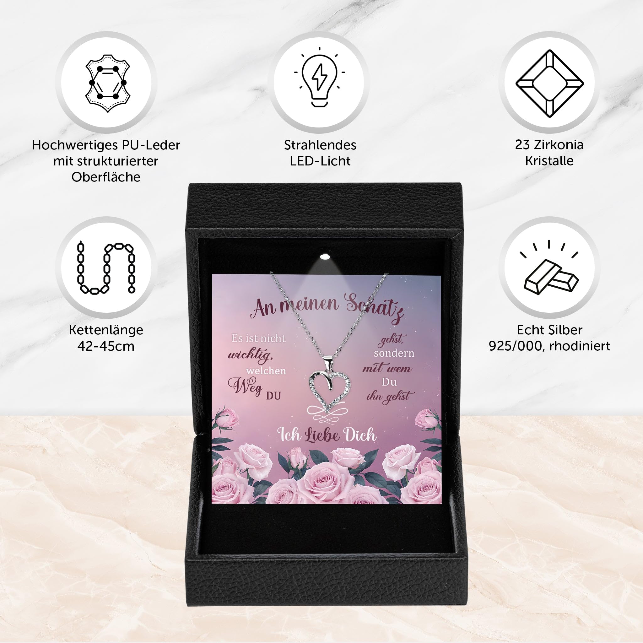 An Meinen Schatz Ich Liebe Dich Geschenk Set Frauen Schmuck Hochzeitstag Ehefrau Freundin Jahrestag - Silber 925/000 Herz Halskette Leder Licht Etui - Valentinstag Karte (mit Tasche u.m.)