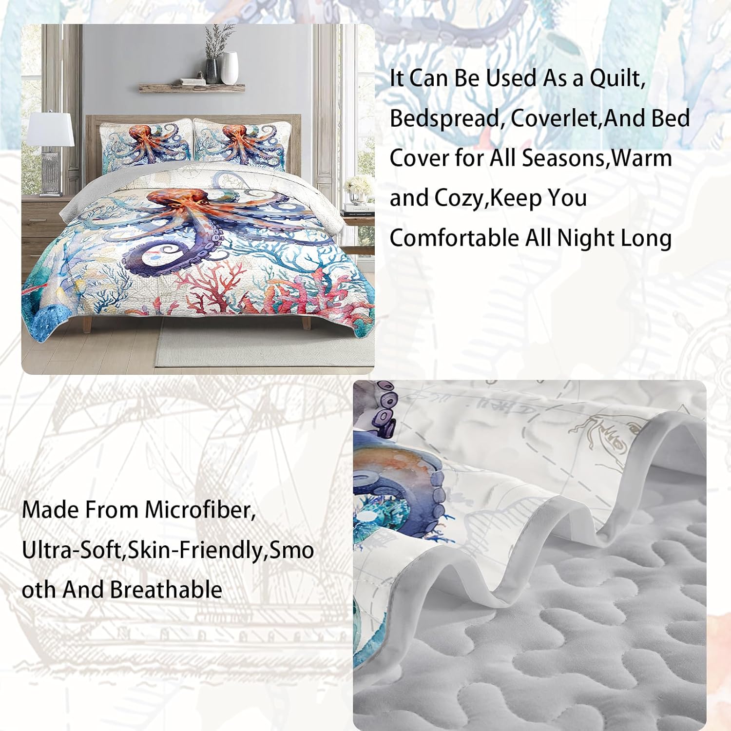 AILONEN Ocean Octopus Quilted Bedding Set Queen Size - 3Pcs Retro Coral Coastal Bedspread Coverlet,Soft Lightweight Quilt,2 Pillowcases