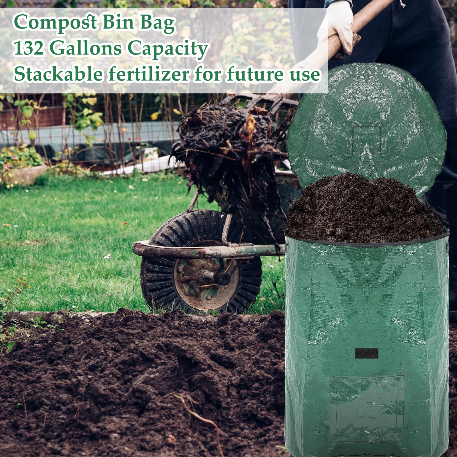 Berlune 4 sacchetti riutilizzabili per rifiuti da giardino, resistenti, con coperchio e manici, sacchetti per rifiuti da giardino, per esterni, rifiuti, foglie, rifiuti, erba e ritagli (300 litri)