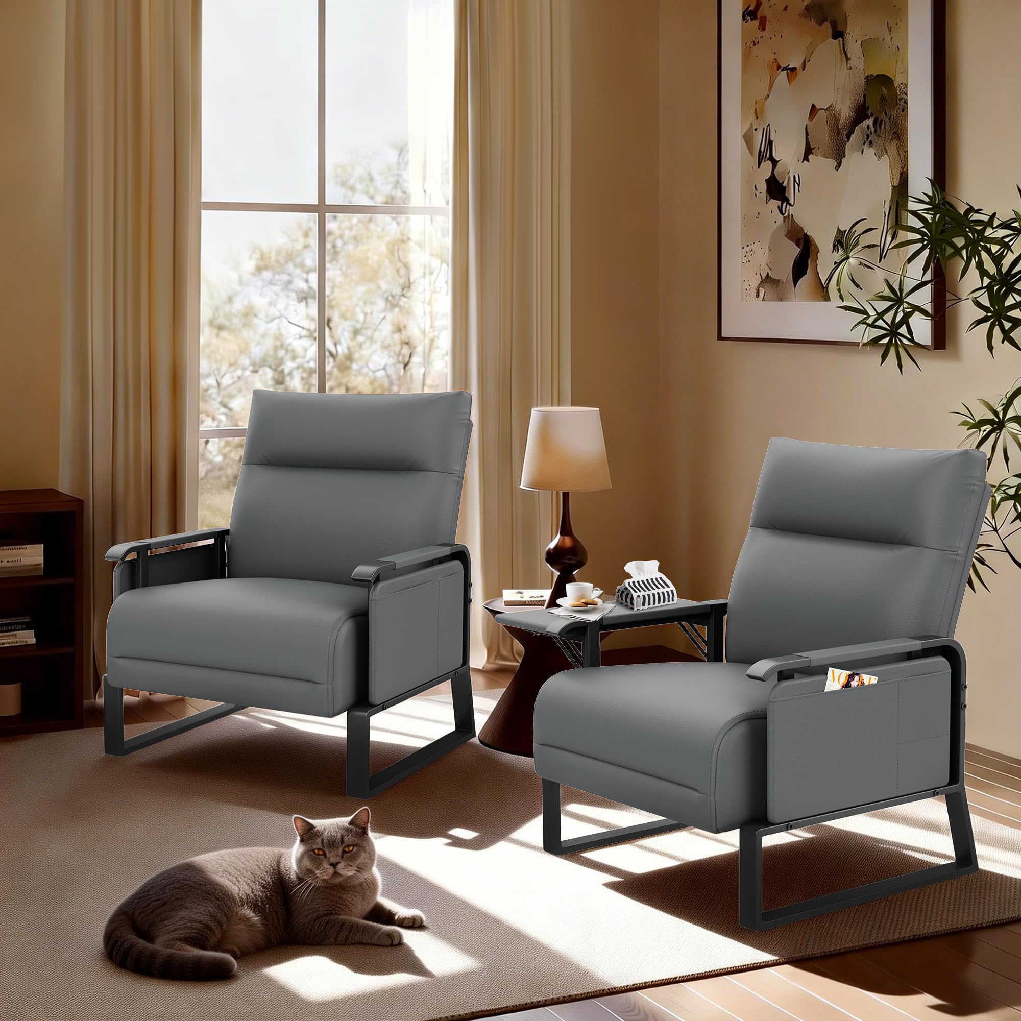 - PU Leather Accent Chair with Side Table Living Room Side Chairs Set of 2 Modern Upholstered Armchair Office Club Chairs Grey