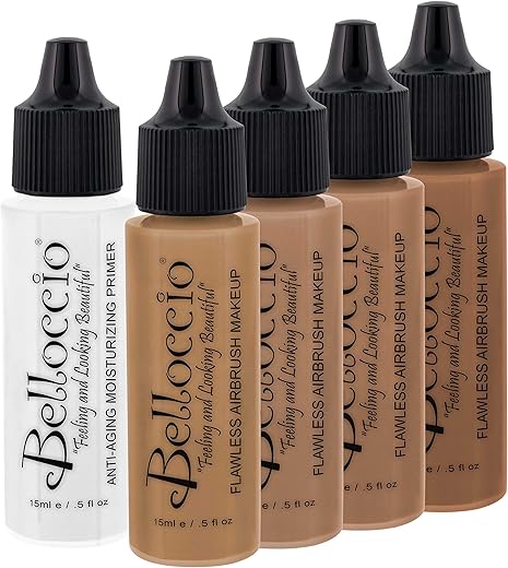 Belloccio Tan Color Shade Foundation Set - Professional Cosmetic Airbrush Makeup in 1/2 oz Bottles