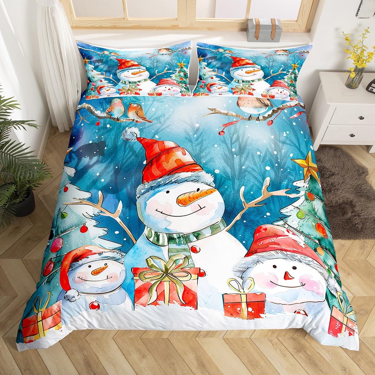 Christmas Bedding Set Snowman Duvet Cover for Kids Children Boys Girls Xmas Tree Comforter Cover Winter Snow Gift Box Bedspread Cover Festival Bedroom Decor Quilt Cover 3Pcs King Size (No Comforter)