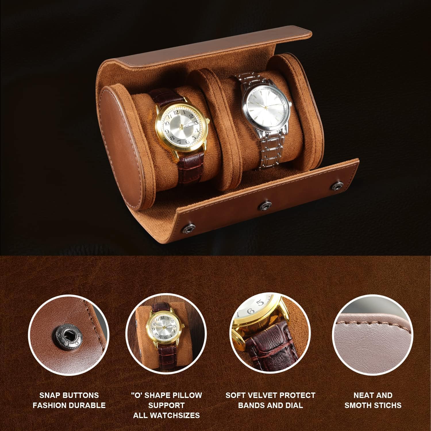 ROSELLE Caja de viaje para hombres y mujeres, para 2 relojes, almacenamiento y organizadora, segura, innovadoras almohadas extraíbles y separadores sólidos, hogar y exhibición (marrón, 2 ranuras)