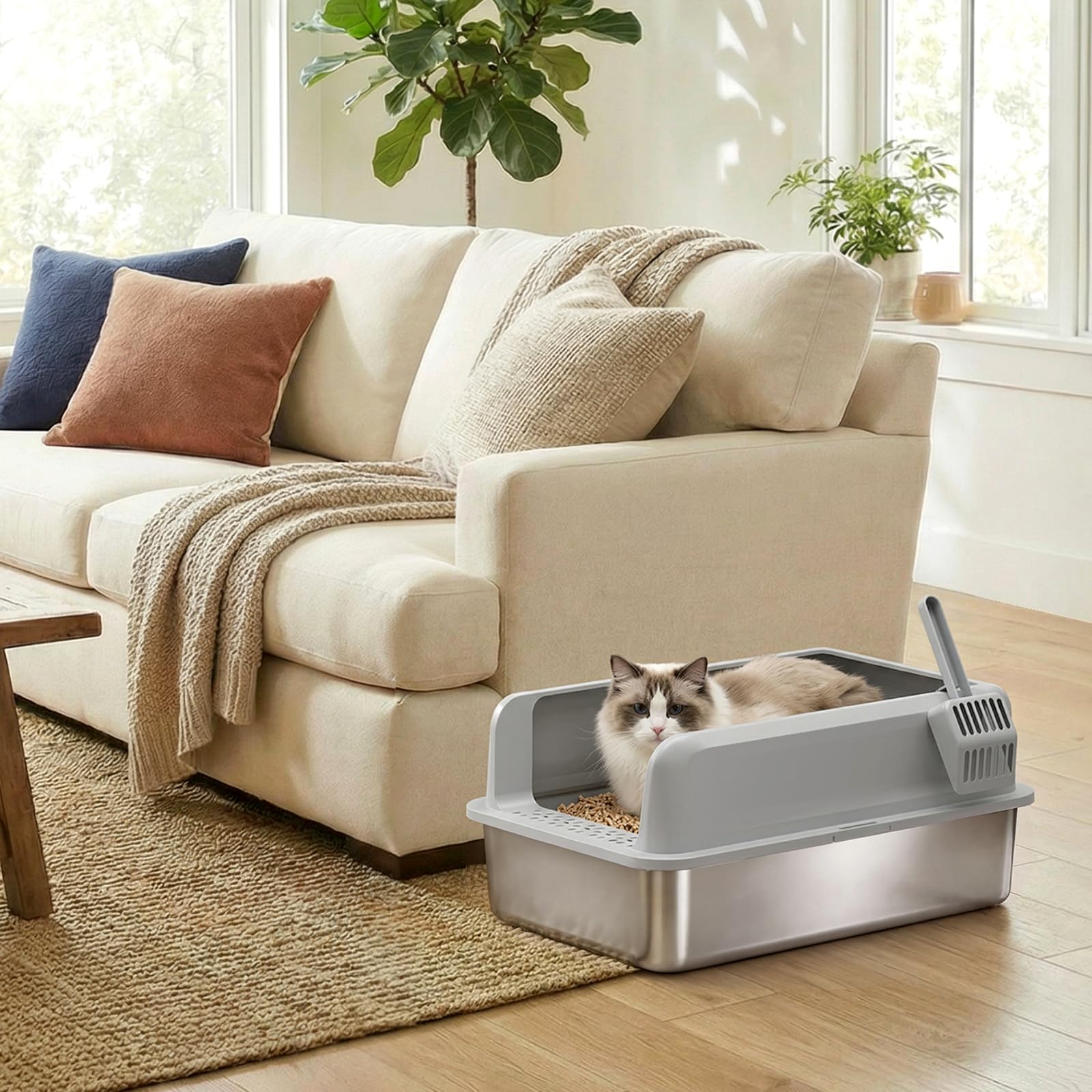 Lifewit Lettiera Gatto in Acciaio Inox, XXL Aperta Toilette per Gatti con Pala, Lettiera Gatto per Soggiorno, Camera da Letto, 58 x 38 x 26 cm, Grigio
