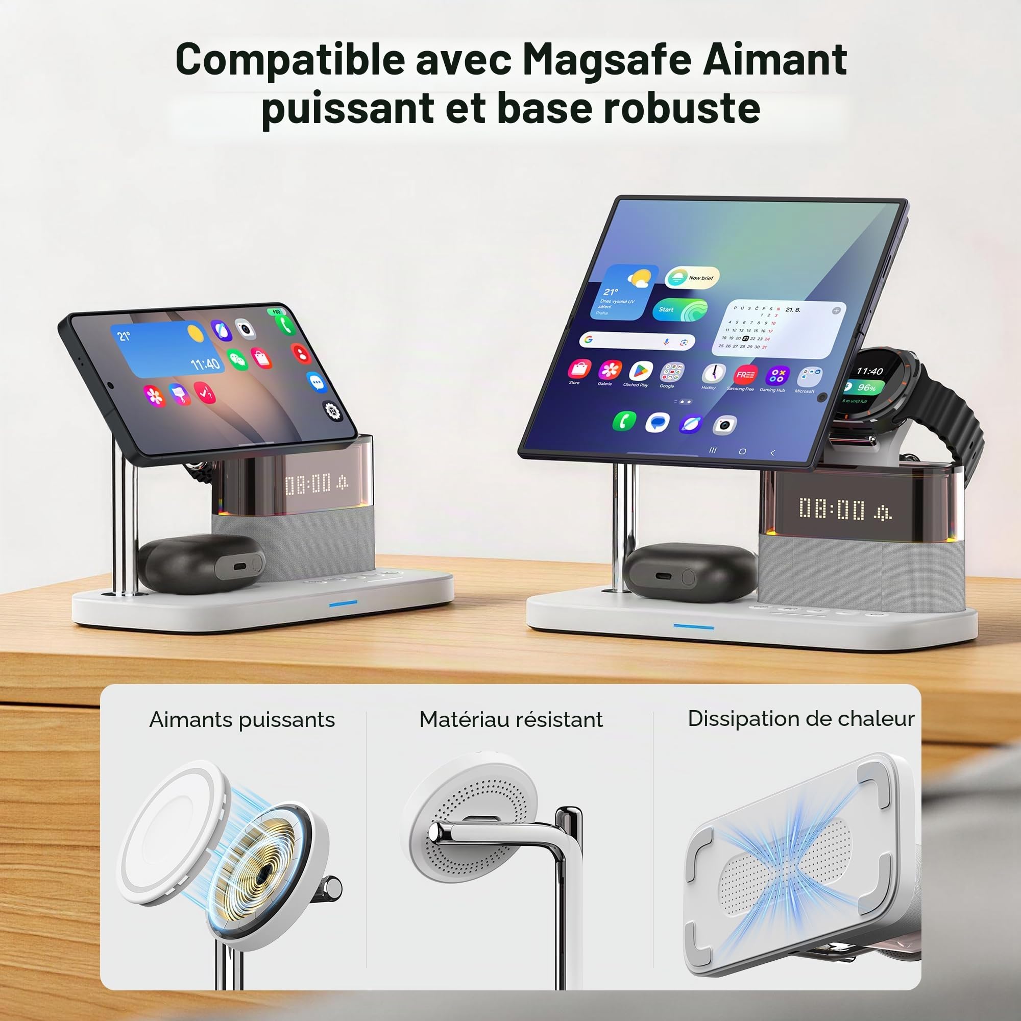 Chargeur sans Fil 3 en 1 pour Samsung/Android avec Anneau Magnétique, Station de Charge Induction pour Galaxy S25/S24/S23/S22, Montre et Buds, Support de Charge avec Réveil et Adaptateur QC 3.0
