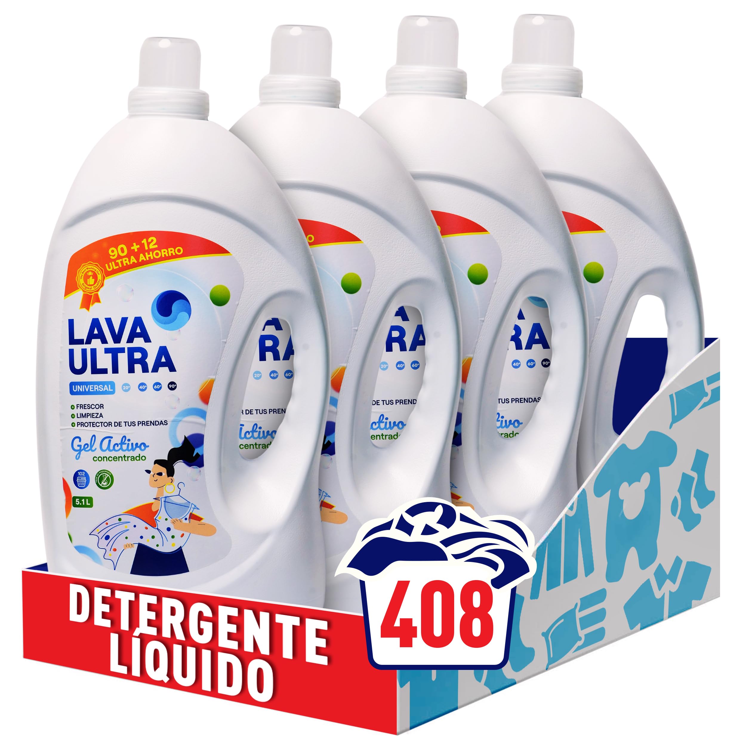 Lava Ultra Gel Activo 20.4L - 408 Lavados - Detergente Líquido Concentrado para Lavadoras, Sin Fosfatos, Apto para Todo Tipo de Telas, Suave y Fresco, Fabricado en España