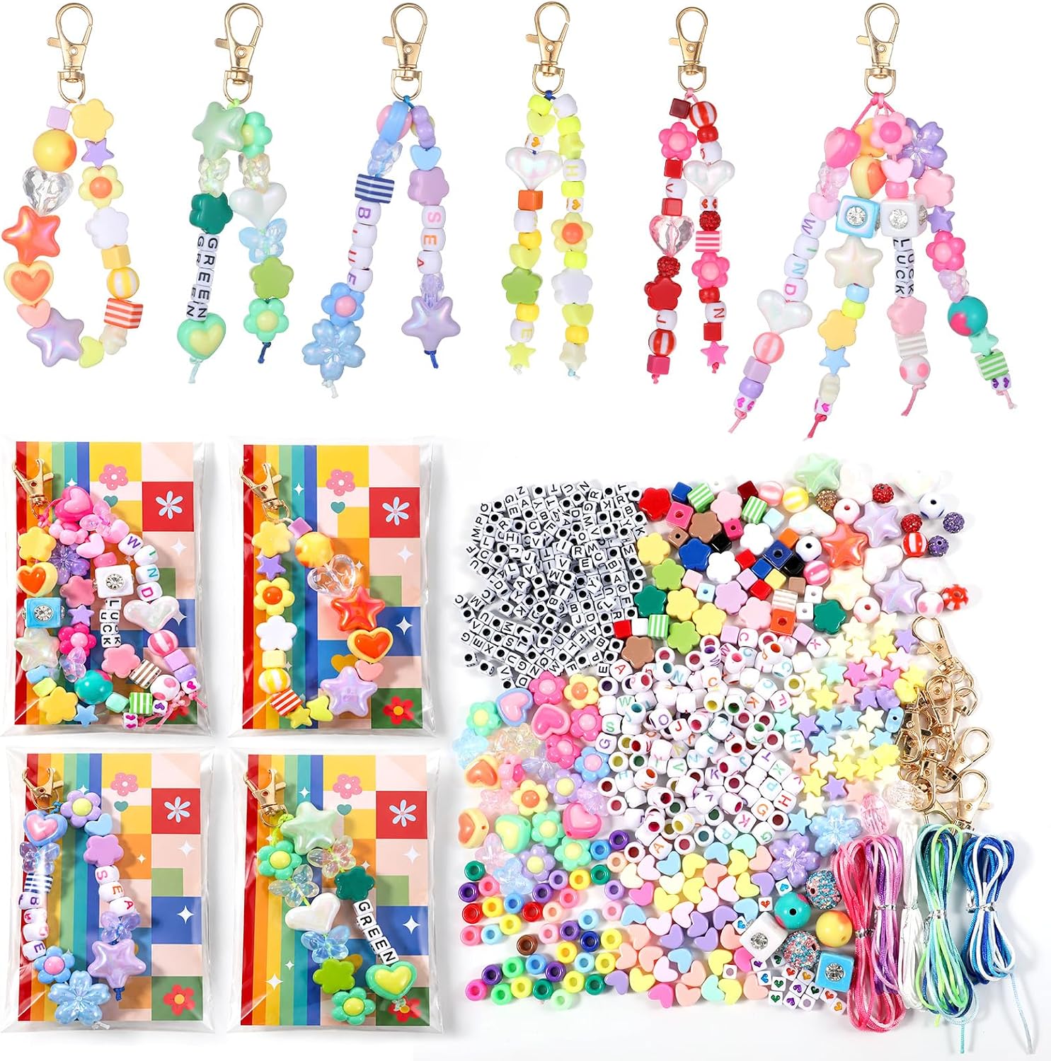 BotleFlow 618 Pcs Bead Keychain Kit Acrylic Heart Star Flower Letter Alphabet Bag Beads Key Chain Supplies for DIY Jewelry Making, Bag Accessories and Crafts for Women
