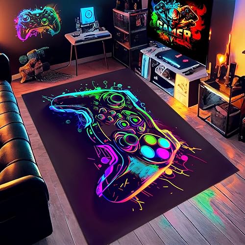 NEBOTON Gaming Rug with Colorful Game Controller Design for Game Room, Gaming Room, Boys' Bedroom, and Living Room 94x63inches