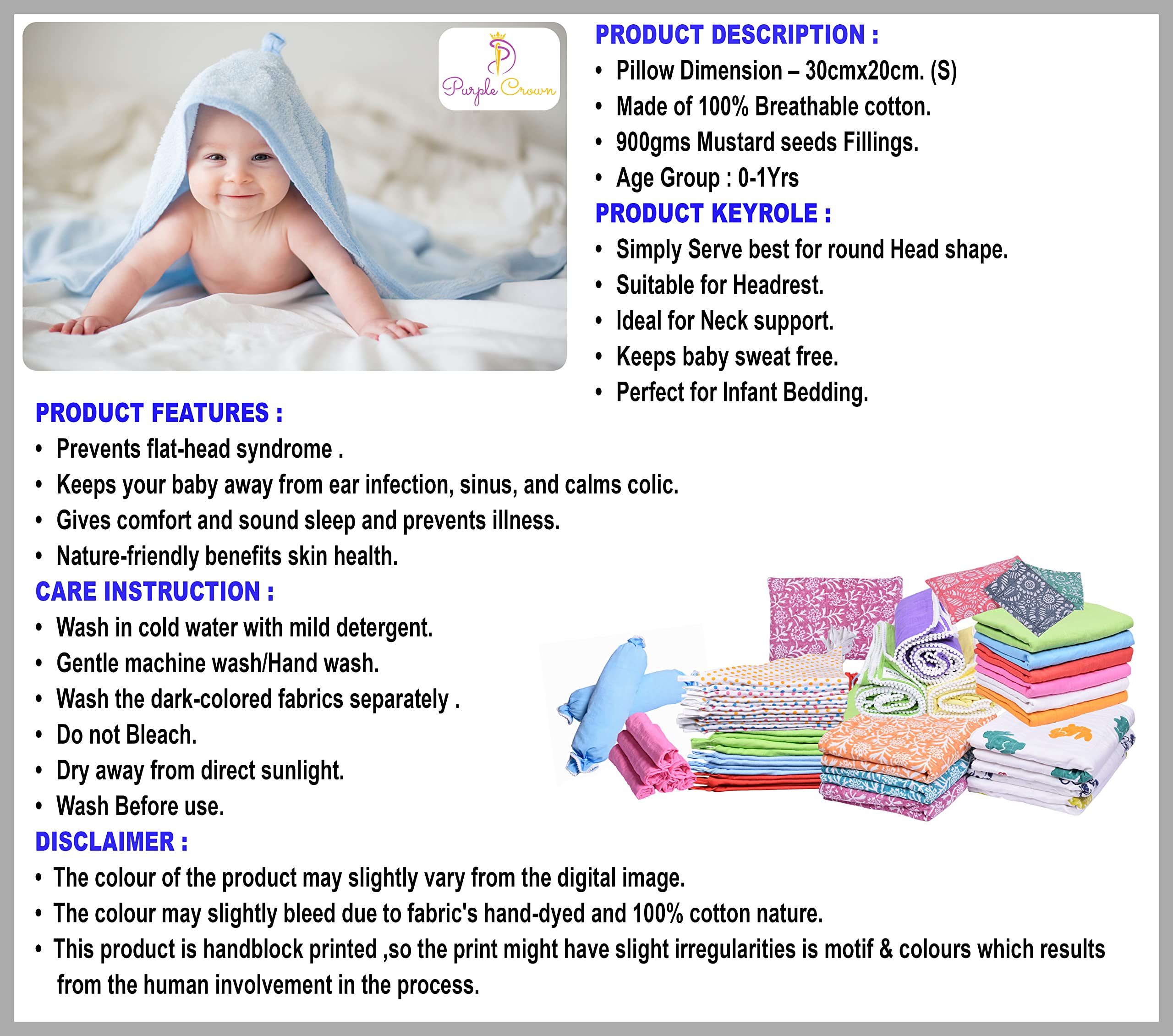 MK HANDICRAFT Mustard Seeds Pillow and Cover Set for New Born Babies (Children: S)