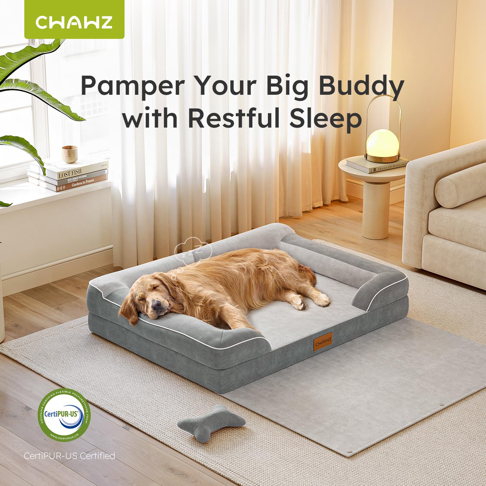 CWAWZ Dog Beds for Large Dogs, Orthopedic Pet Bed with Cooling Gel Memory Foam, Waterproof Large Dog Beds with Removable Washable Cover, 36" Pet Sofa Dutch Velvet with Blanket Bone Toy, Light Gray - image 5