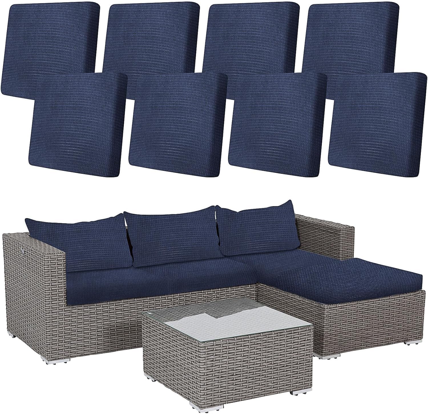 MALLOOM Lot de 8 Housses Extensibles imperméables pour Coussins d’extérieur – Housses de Rechange lavables pour canapé de Jardin ou d’intérieur (Bleu Marine, Housses Uniquement)