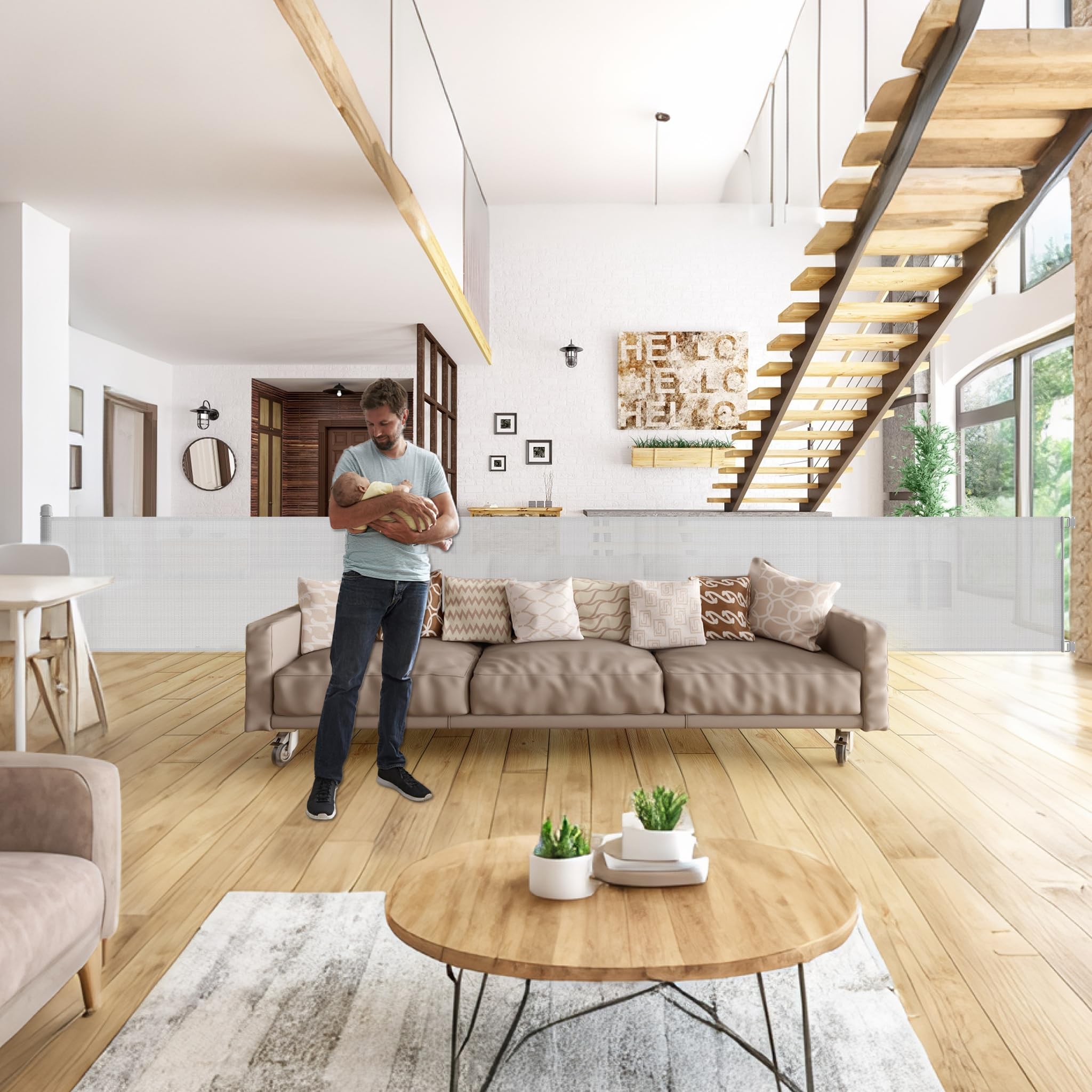 LZQ Rejilla de Seguridad, Valla de Protección para Puerta para Bebés y Mascotas, 0-300 cm, 87 cm de Alto, Adecuado para Escaleras, Puertas, Interiores y Exteriores, Gris