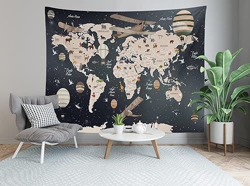 Miniatura 5 de BELECO Tapiz de mapa del mundo para colgar en la pared, diseño de animales de dibujos animados, 60 x 40 pulgadas, diseño vintage de aviones